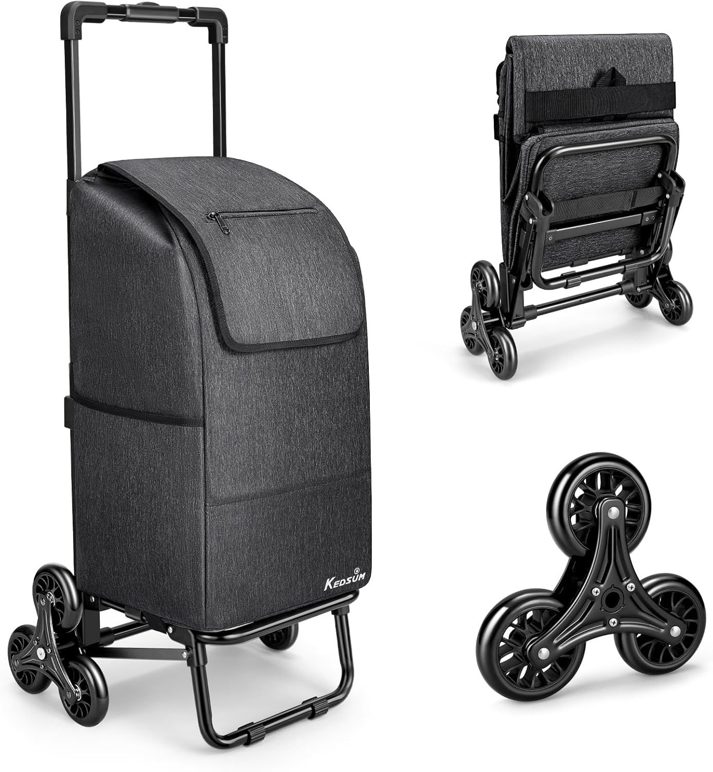 KEDSUM 2 in 1 Stair Climber Cart, 60L/300LBS Grocery Cart on Wheels for Stairs, Shopping Carts for Groceries with Removable Black Waterproof Bag, Heavy Duty Dolly Carts for Stairs