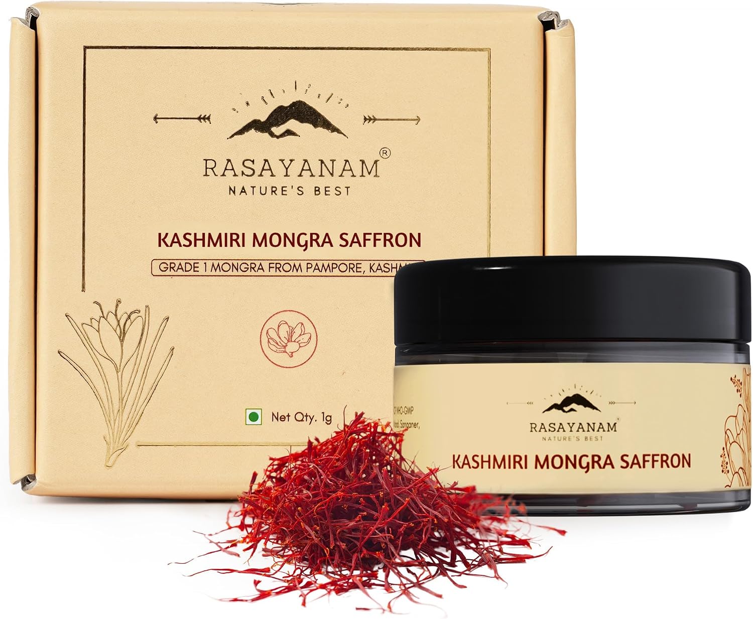 Rasayanam Pure Original Kashmiri Saffron/Kesar/Kumkuma Puvvu (1gm) | Certified highest Grade-A Keshar | Saffron for pregnant women, Pooja rituals & Food aroma