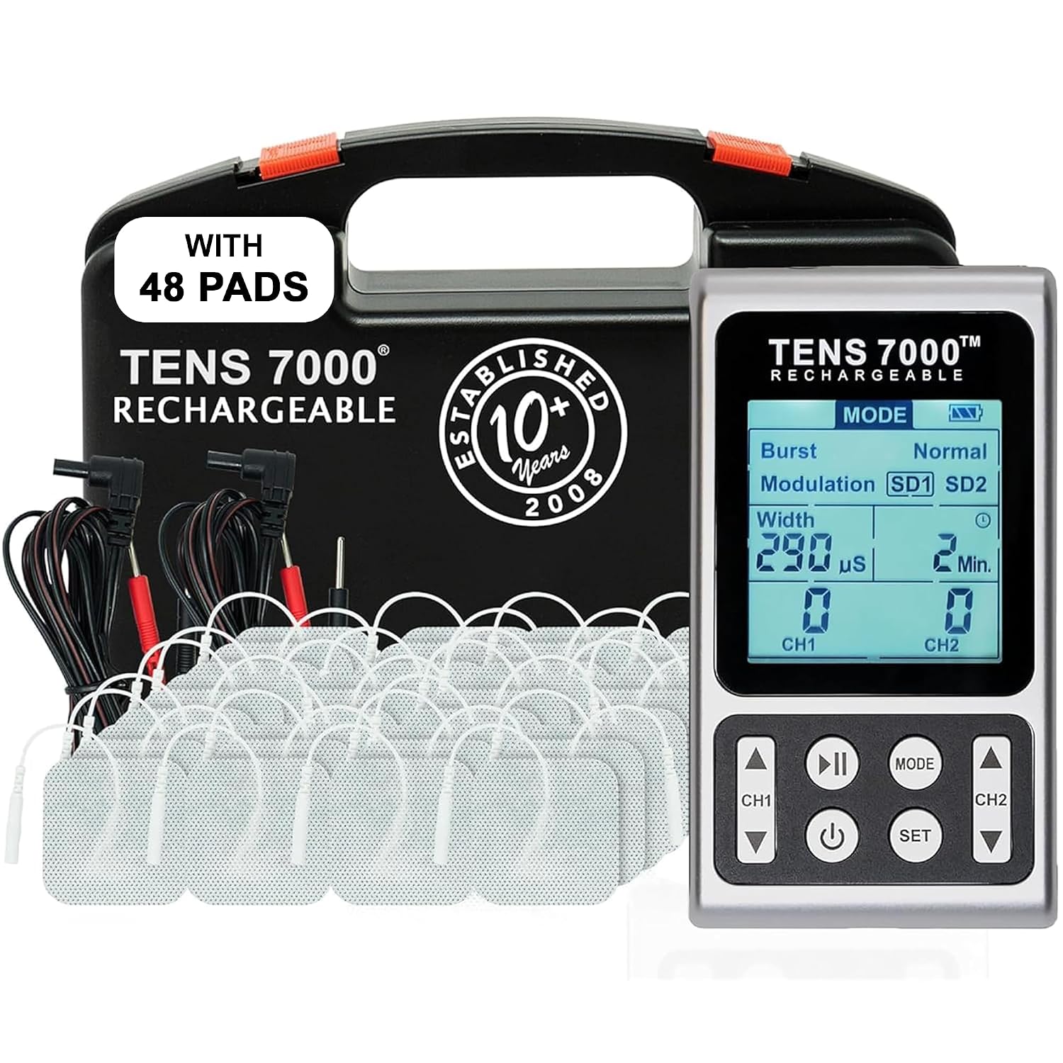 TENS 7000 Rechargeable TENS Unit Muscle Stimulator, 48 Pack Electrodes and Pain Relief Device - Advanced TENS Machine for Effective Back Pain Relief, Nerve Pain Relief, Muscle Pain Relief