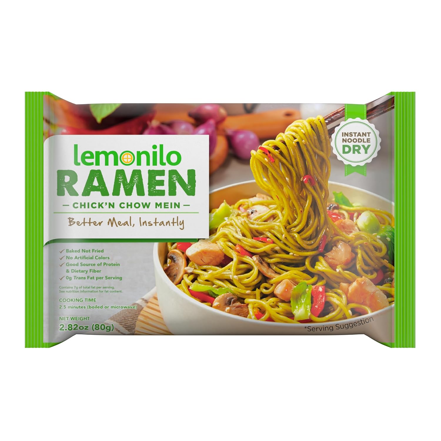 Lemonilo Ramen - Chick'n Chow Mein - Healthy Instant Ramen - Oven Baked Noodles with Spinach and Leek - Made with All-Natural Ingredients - Quick Meal Kit (2.82 Oz) - Single Pack