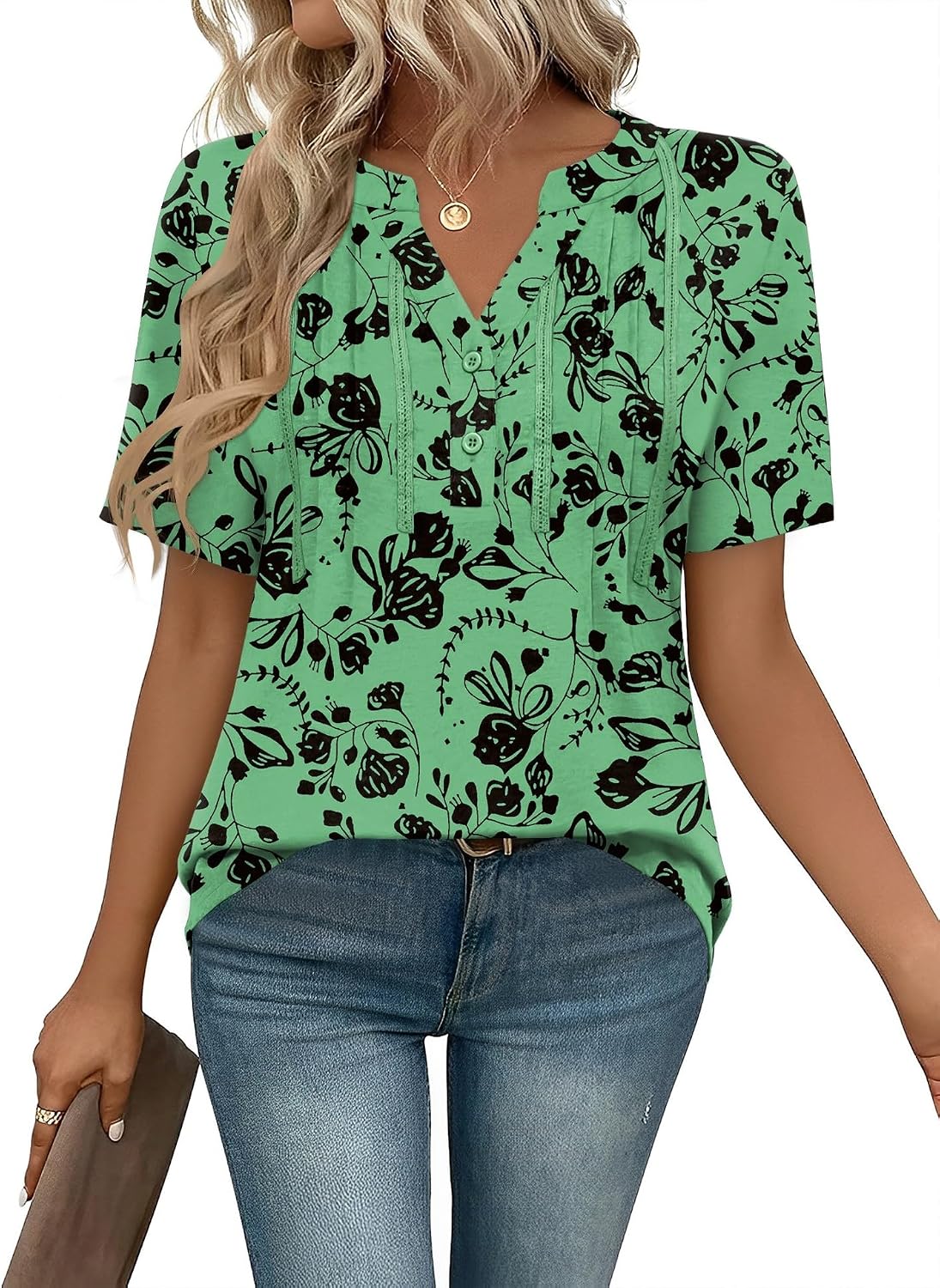 IECCP Women Tops Short Sleeve Button Dressy Tunic Summer V Neck T-Shirts Casual Pleated Fashion Blouses Shirts