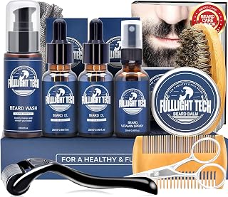 FULLLIGHT TECH Beard Kit with Vitamin Spray, 2x Oil, Balm, Wash, Brush, Comb, Scissors - Mens Beard Care Gifts for Men, Him, Husband Boyfriend Dad - Valentine's Day