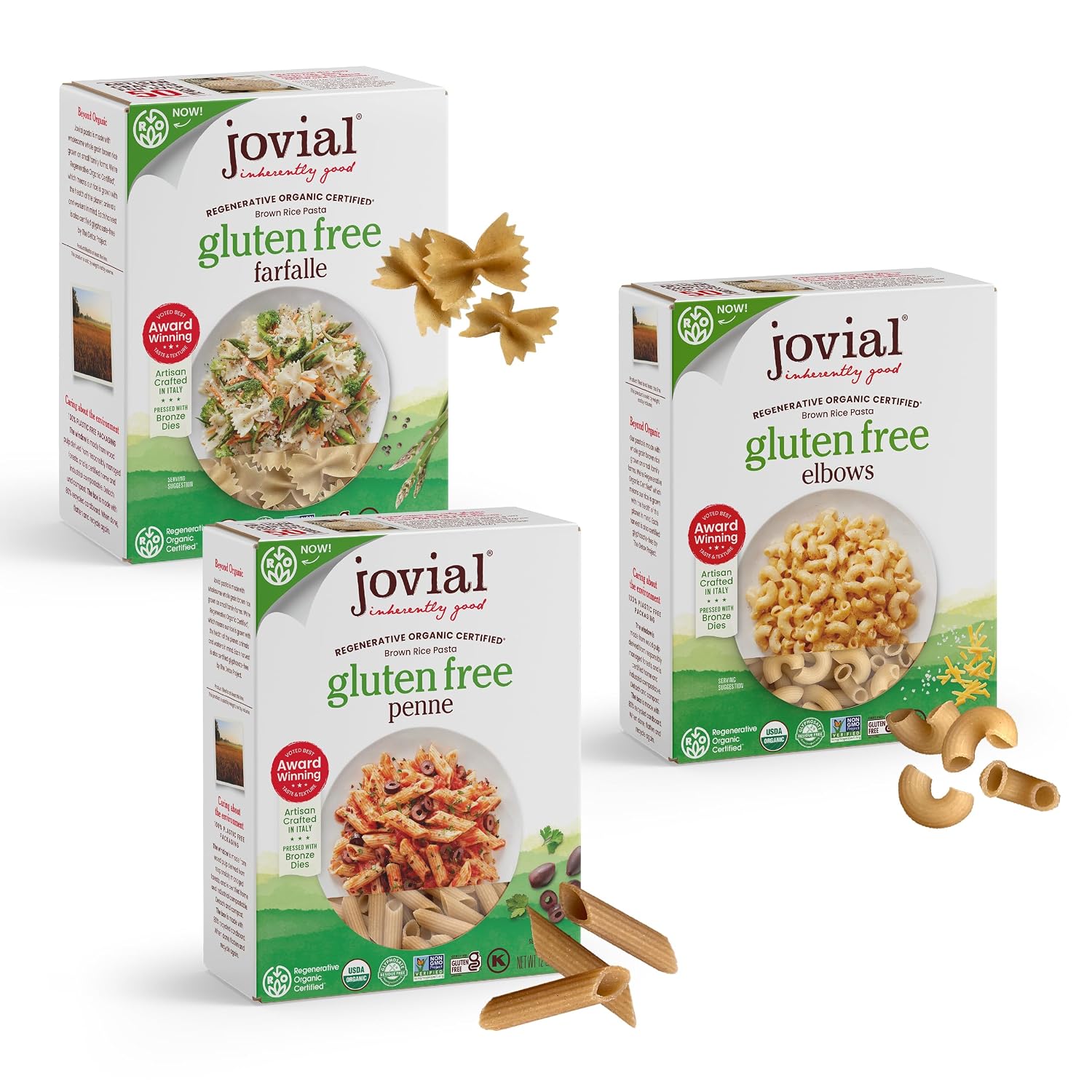 Jovial Brown Rice Farfalle, Penne, & Elbows Pasta, 12 Oz, 3 Pack Variety