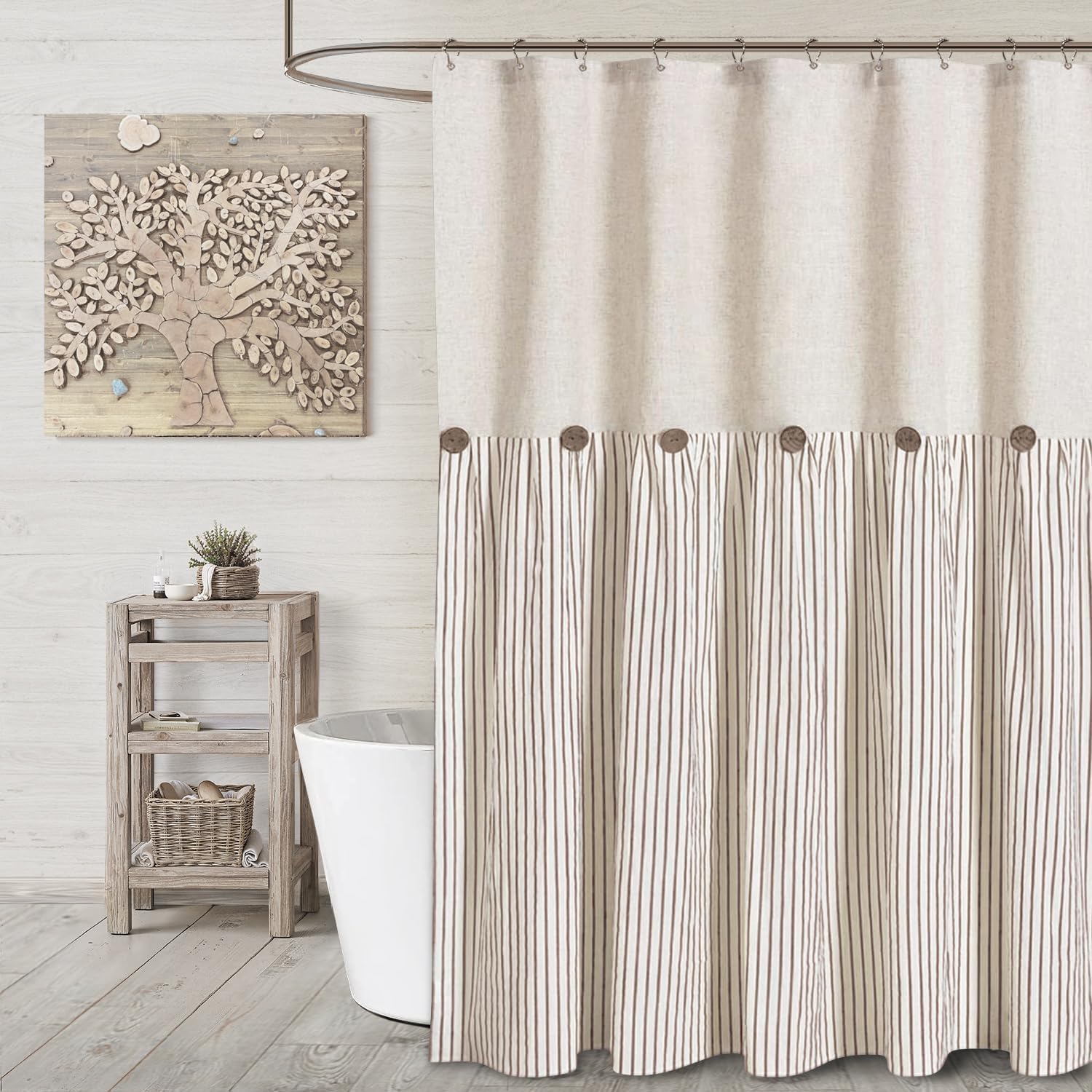 Awellife Farmhouse Beige Shower Curtain Button Linen Textured Woven Fabric,Pleated Beige Stripe,Country Style,72x72 Inch
