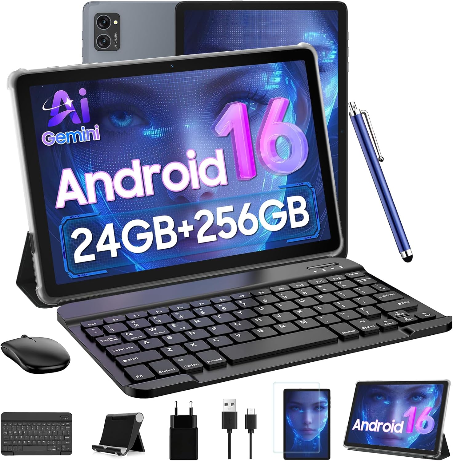 Android Tablets 10 Inch Tablet - Gemini AI Android 16 Tablets, 24GB RAM + 256GB ROM (2TB TF), Widevine L1, FHD, WiFi 6, BT5.0, GPS, Tablet with Keyboard, Case and Pen, 8MP AI Camera, 2 Years Warranty