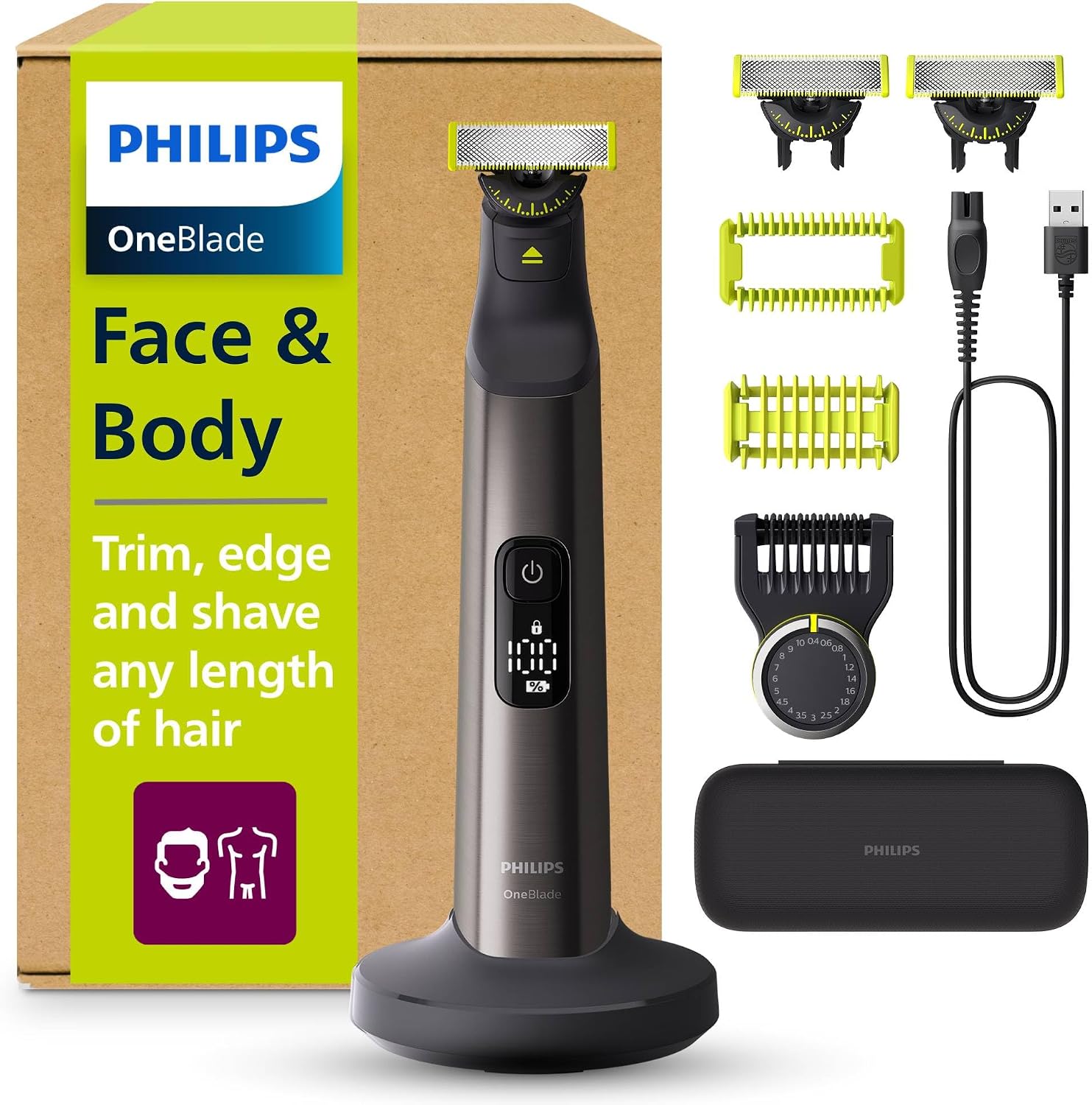 Philips OneBlade Pro 360 Authentic Face & Body Electric Beard Trimmer, Shaver and Bodygroomer, 3X 360 Blade, 1x 20-Length Comb, 1x Body Kit, 1x Charging Stand, 1x Travel case, QP6652/35