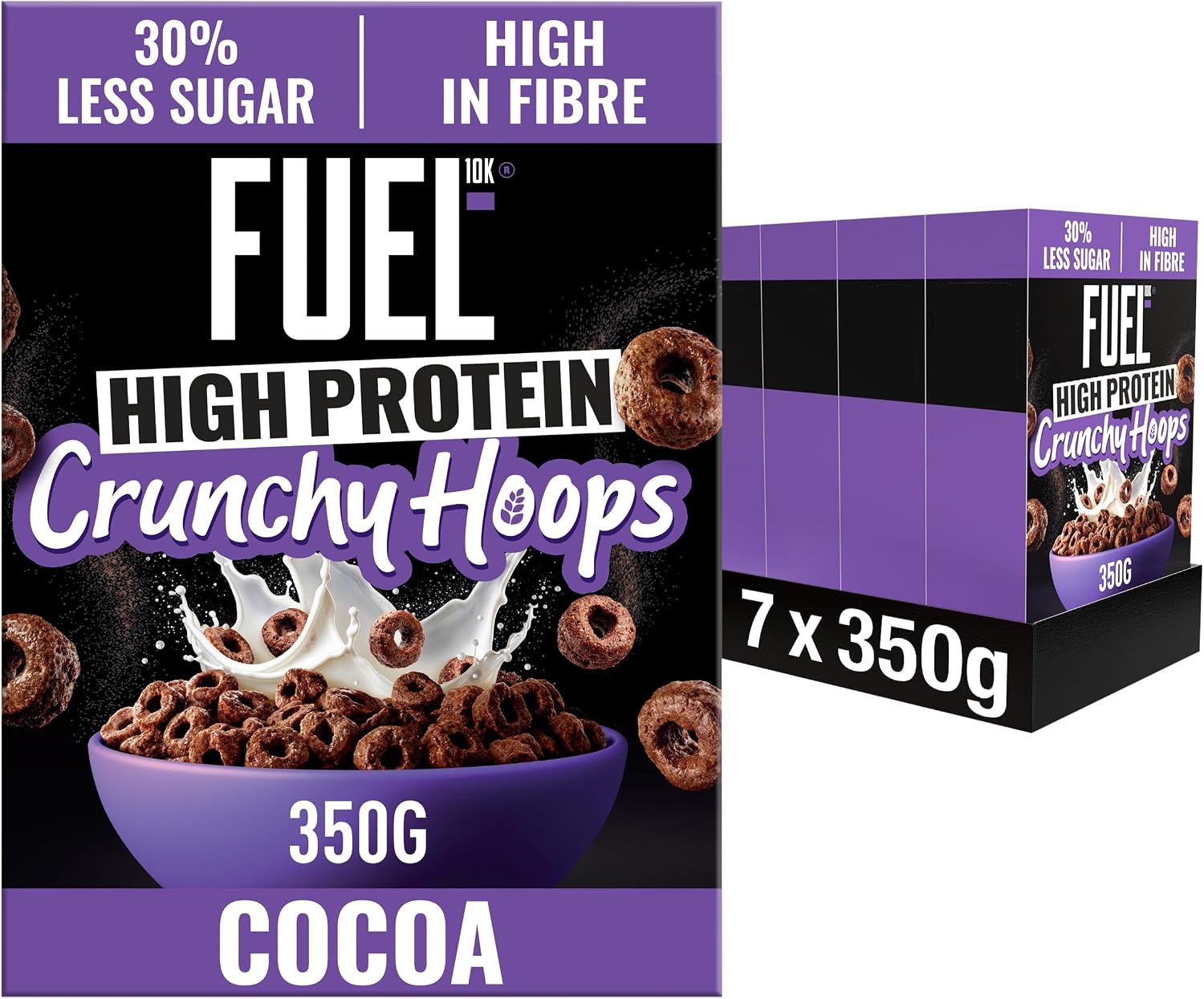FUEL10K Cocoa Crunch Multigrain Hoops Breakfast Cereal, 350 g (7-Pack) | High Protein & Fibre, 30% Less Sugar, Vegetarian Friendly, Nutritious Breakfast, Convenient for Weekly Stock