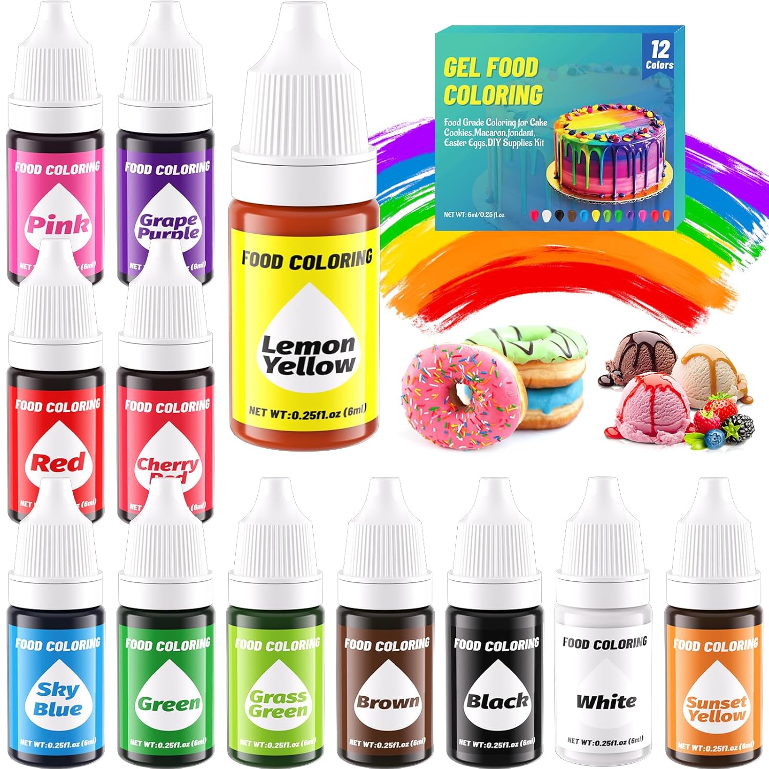 12 Color Gel Food Coloring Liquid Set-KATSPRO Food Grade Tasteless Vibrant Kids Food Coloring Dye for Baking Icing Cake Decorating Cookie Fondant, Frosting, Cookies, Christmas Baking, Easter Egg and DIY Supplies Kit - 0.25 Fl.oz(6ml)/Bottles
