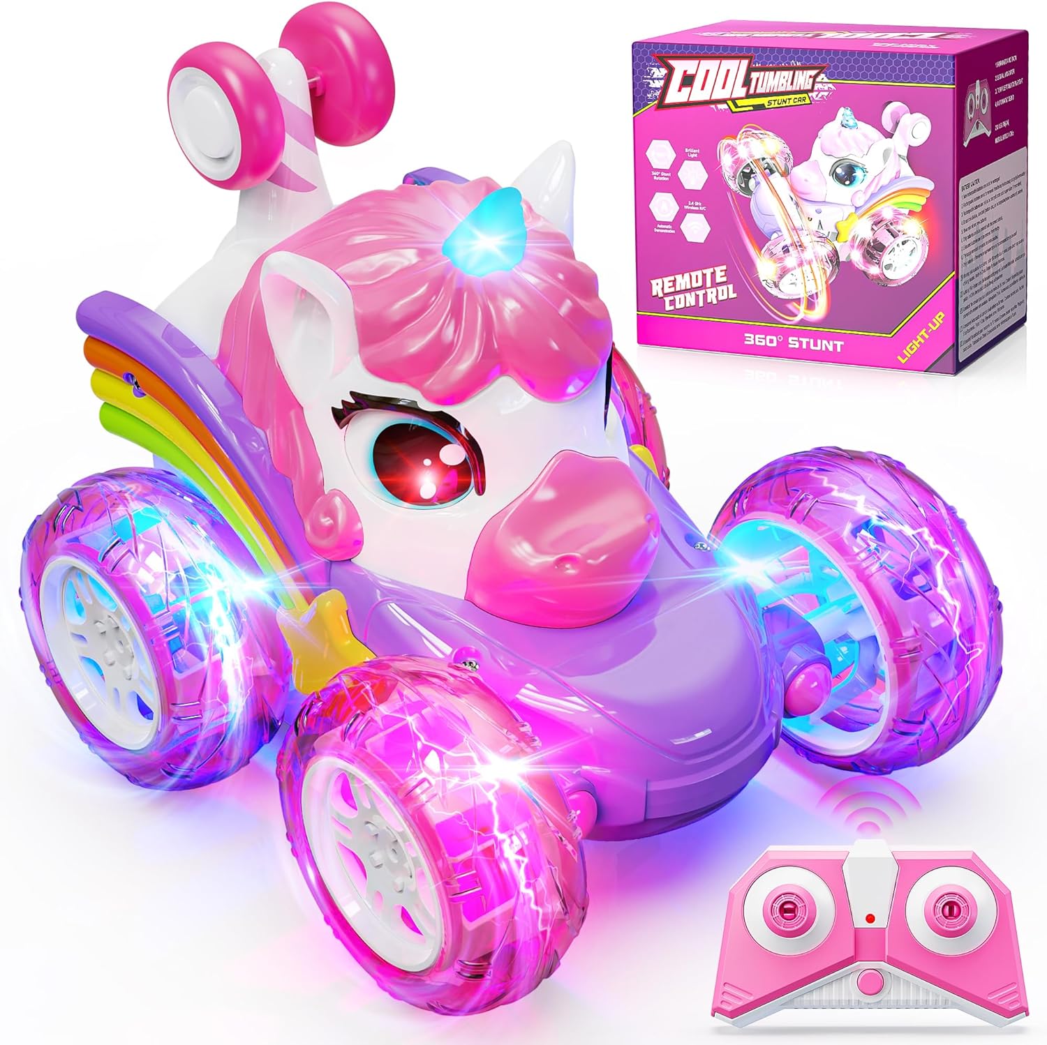 Hot Bee Remote Control Cars, Toy Cars for Kids Age 3 4 5 6, RC Stunt Car with LED Light, Unicorn Gifts for Girls, Unicorn Toys for 2 3 4 5 6 Year Old Girls