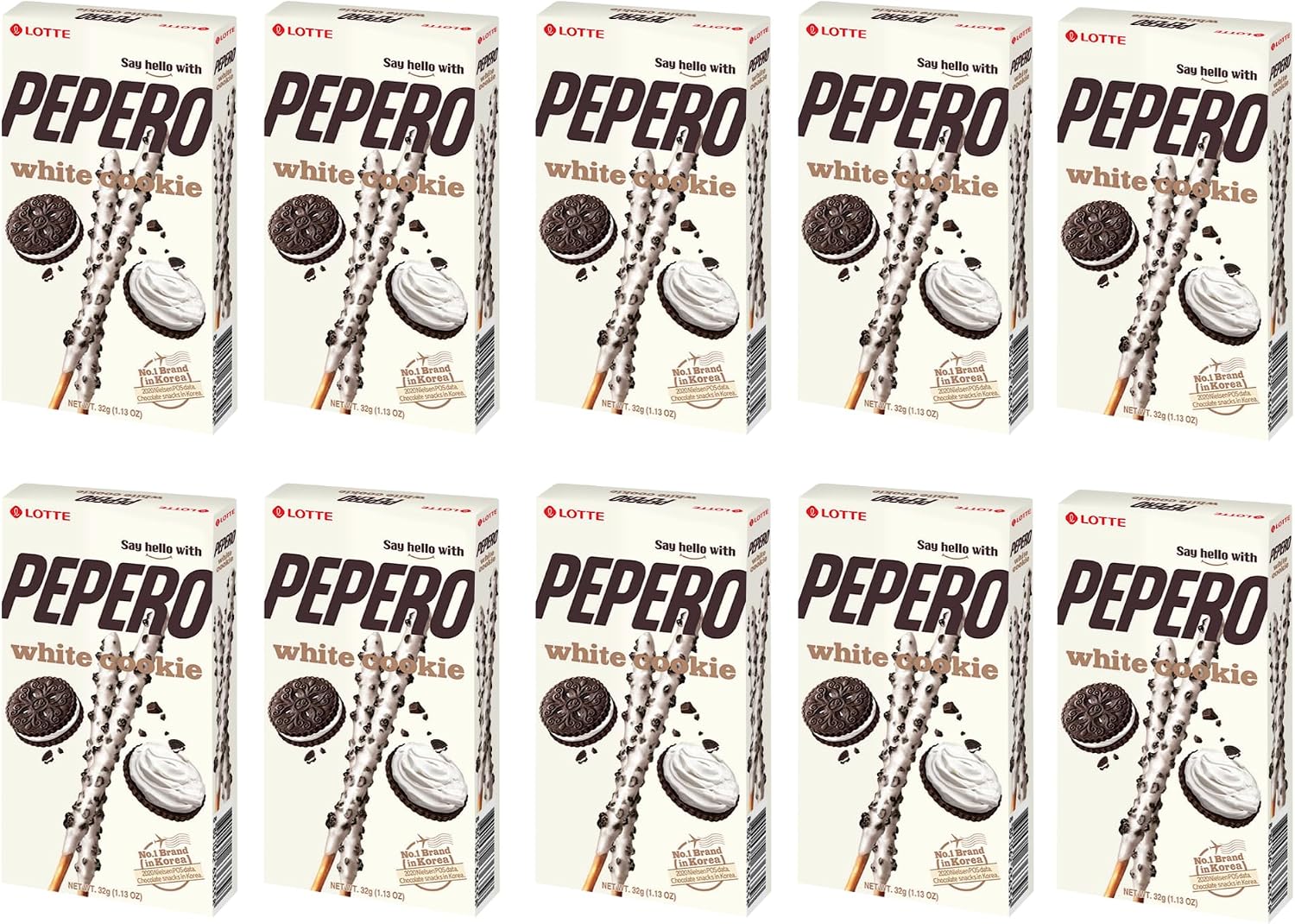 Pepero White Cookie Sticks 32g x 10 Pack – Korean Snack, Crunchy Biscuit Sticks Coated in Cookies & Cream – Delicious Treat for Sharing & Gifting