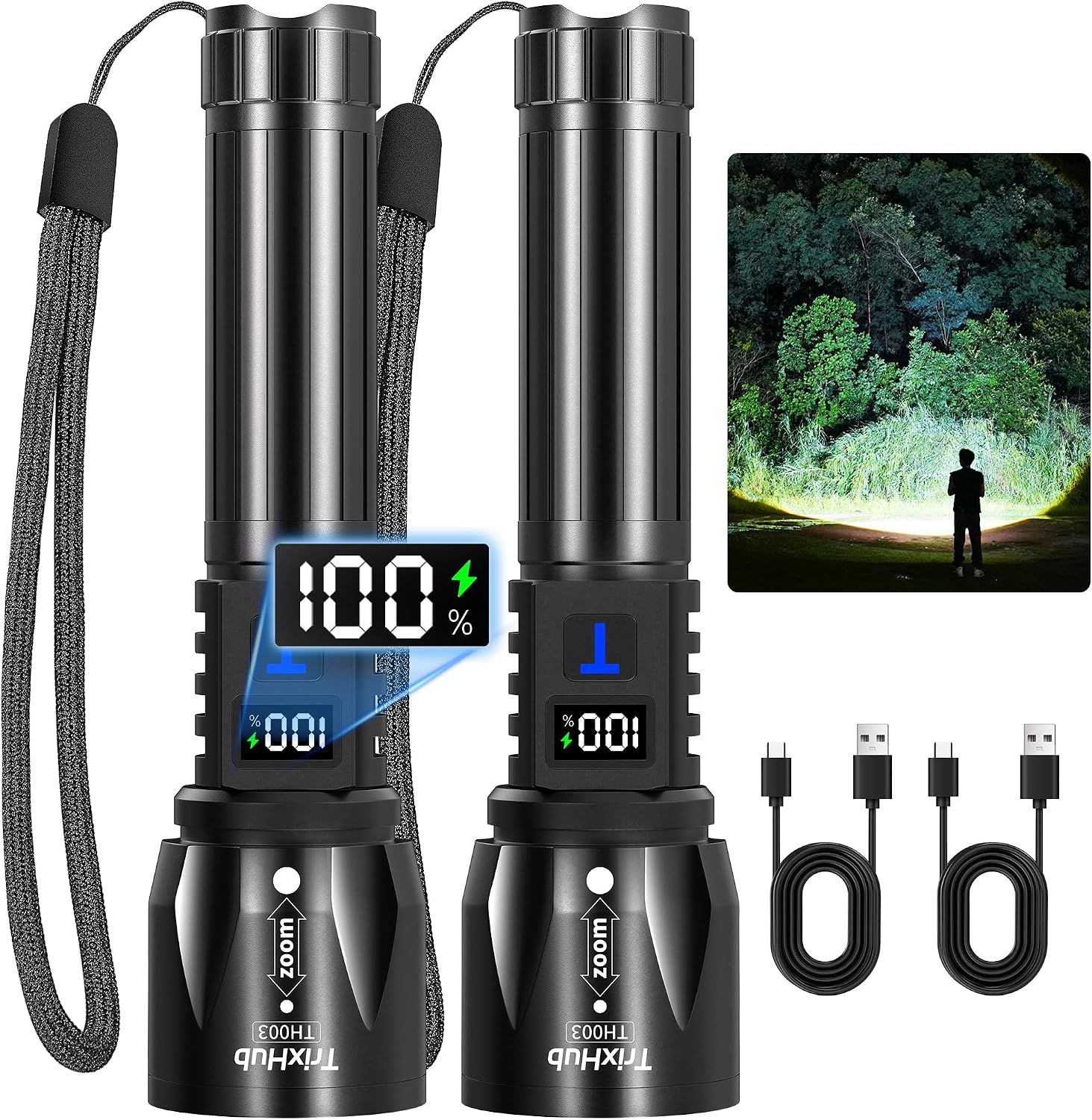 Rechargeable Flashlights High Lumens 2Pack, 5Mode Flash Light with LCD Digital Display, Super Bright Flashlight Adjustable Tactical Flashlight, High Powered LED Handheld Flashlight for Home