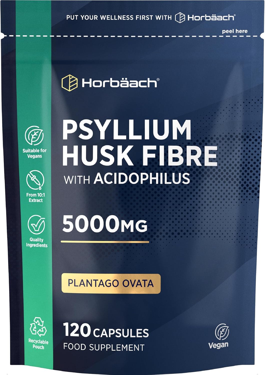 Psyllium Husk Capsules 5000mg with Acidophilus | Natural Soluble Fibre Supplement with Biotic | Plantago Ovata Seed Husk Extract | 120 Vegan Capsules | by Horbaach