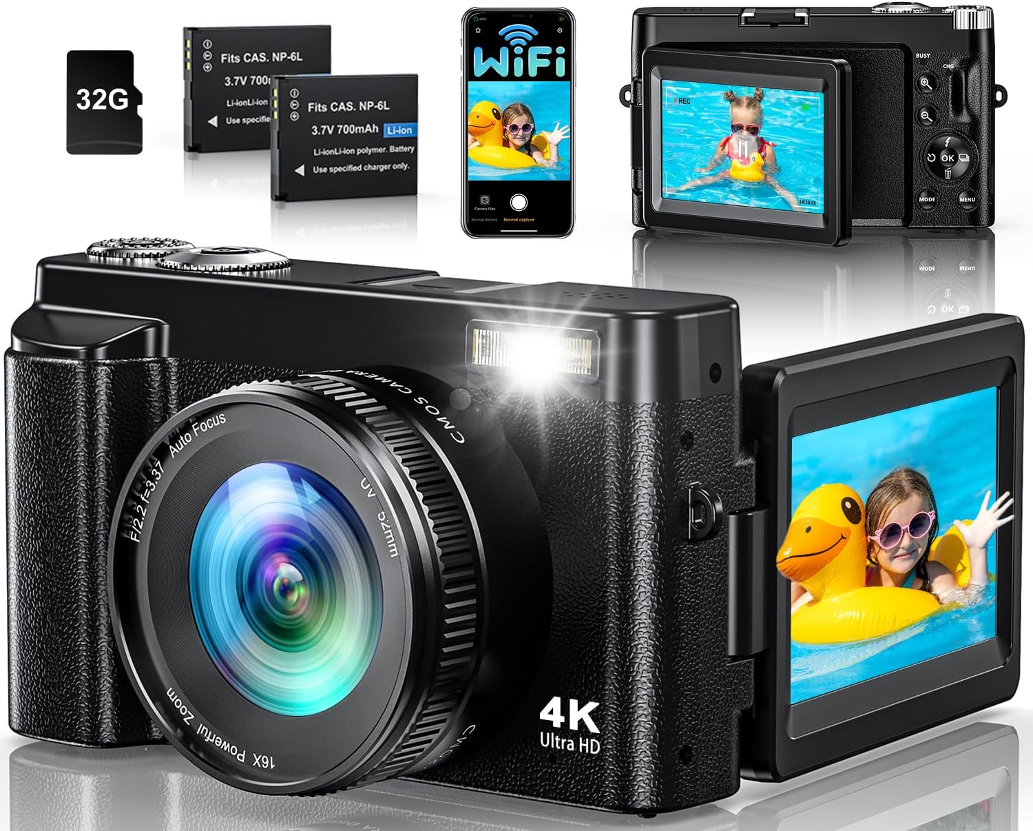 4K Digital Camera for Photography, WiFi 64MP 180° Flip Screen 3" Autofocus Vlogging Camera for YouTube with Flash, 16X Zoom Compact Digital Camera with 32GB Card, 2 Batteries for Beginner