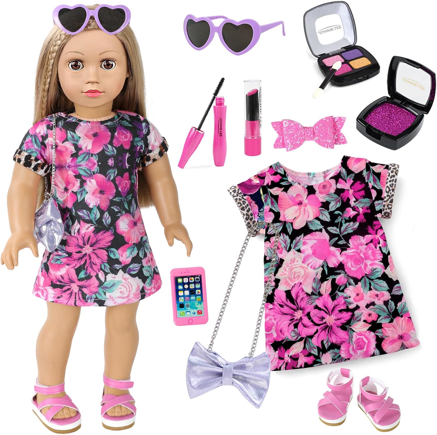 American 18 Inch Doll Makeup Accessories and Clothes,Messenger Bag Set for 18 Inch Dolls Include Sunglasses Phone Lipstick Eyelash Brush Eye Shadow Blusher Butterfly Hair Clip and Shoes