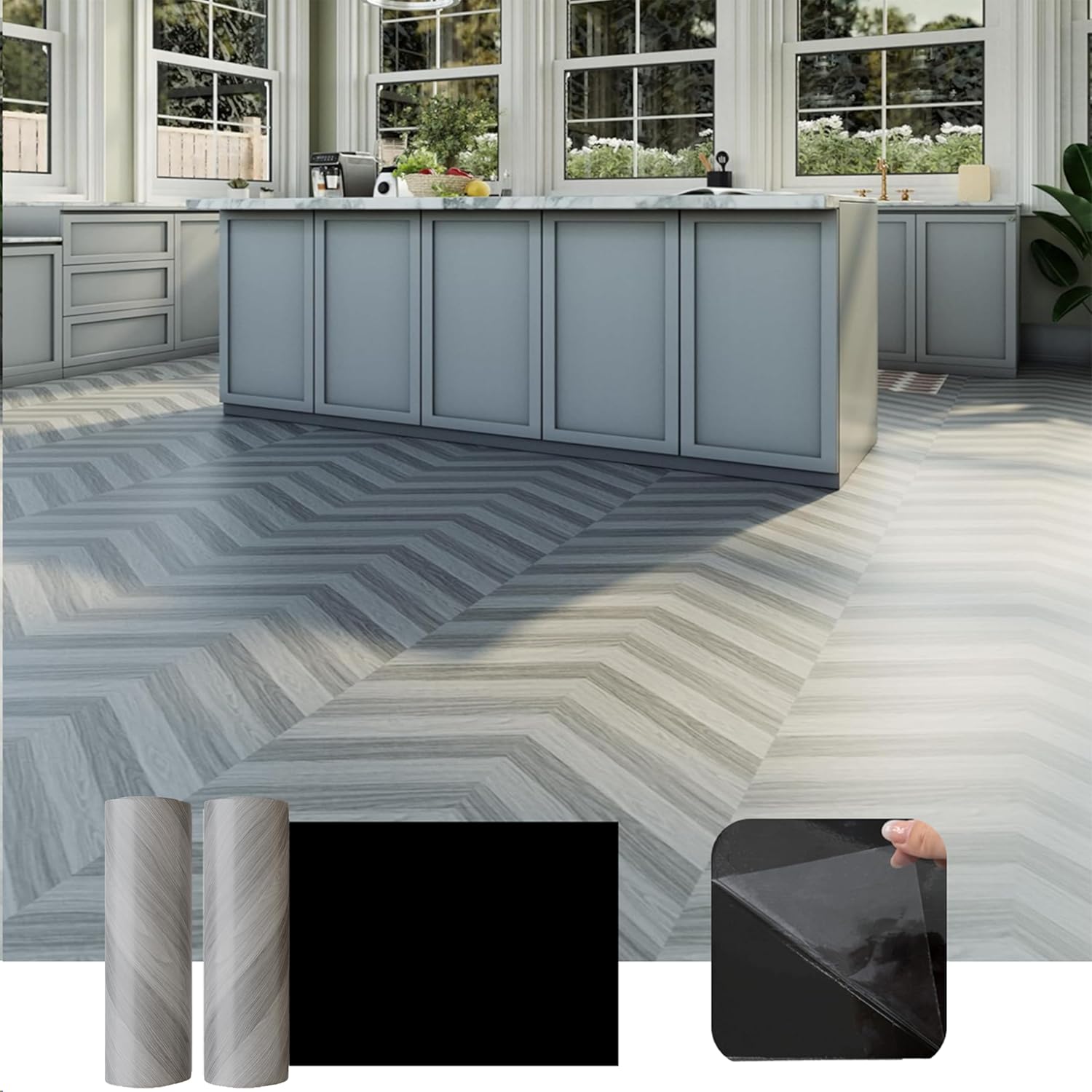 2 Rolls Cover 52 Sq.Ft Peel and Stick Floor Tile Roll 15.7” x 236”, Self Adhesive Vinyl Flooring Wood Grain Linoleum Flooring Tile DIY for Kitchen, Bathroom, Living Room, Light Grey Herringbone