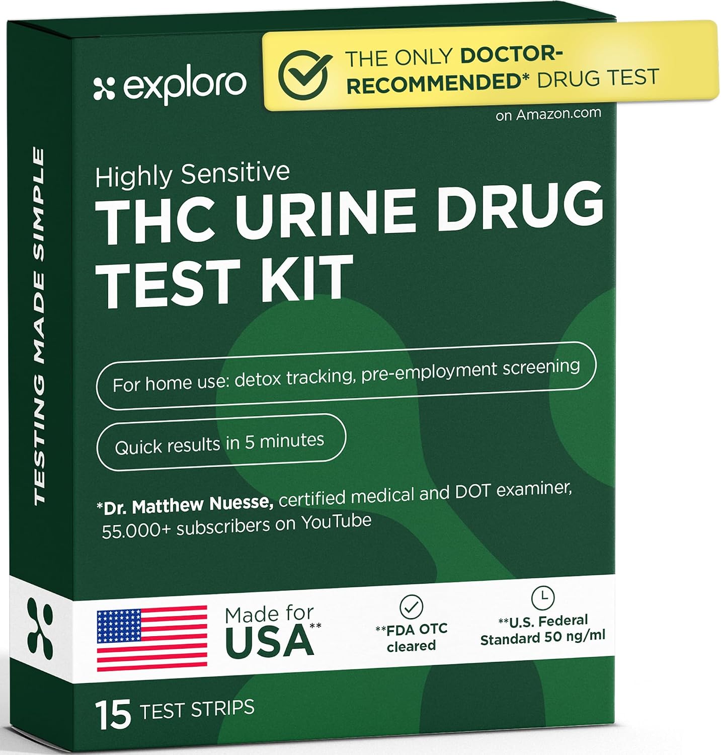 Exploro THC Tests for Home Use - Marijuana Drug Test Kit for Urine (15 Pack), Weed Detox Testing Kits with 50 ng/ml Cutoff Level