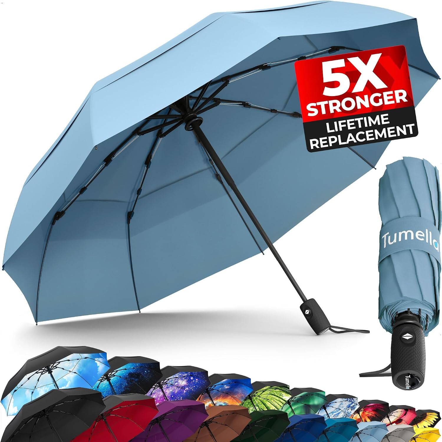 TUMELLA Strongest Windproof Travel Umbrella (Compact, 100MPH Wind-Tested), Light, Portable, One-Handed Use, Automatic Folding Rain Umbrella, Durable, Premium Grip, Fits Car & Backpack