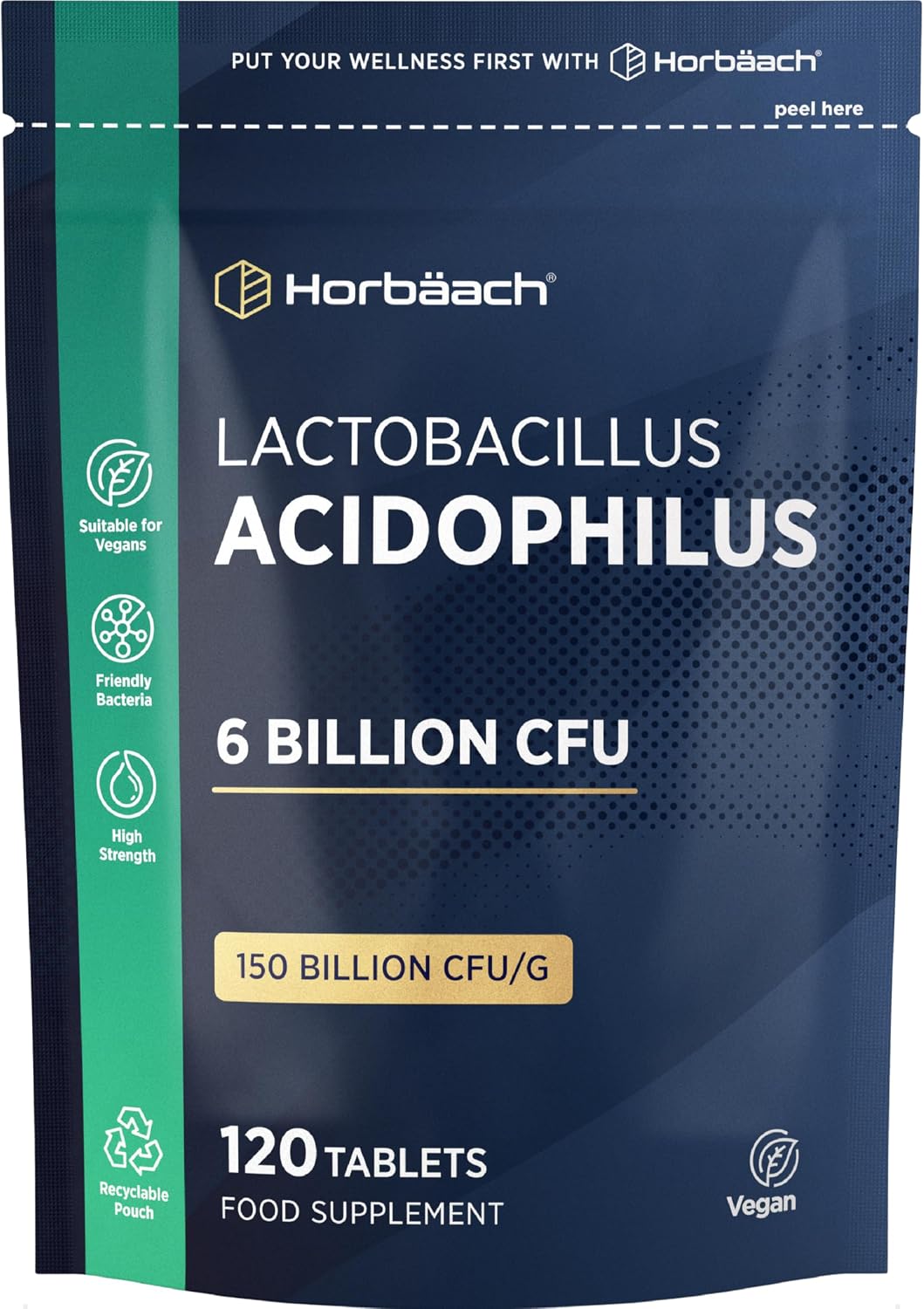 Lactobacillus Acidophilus 6 Billion CFU | High Strength Bio Cultures | 120 Vegan Tablets for Men & Women | by Horbaach