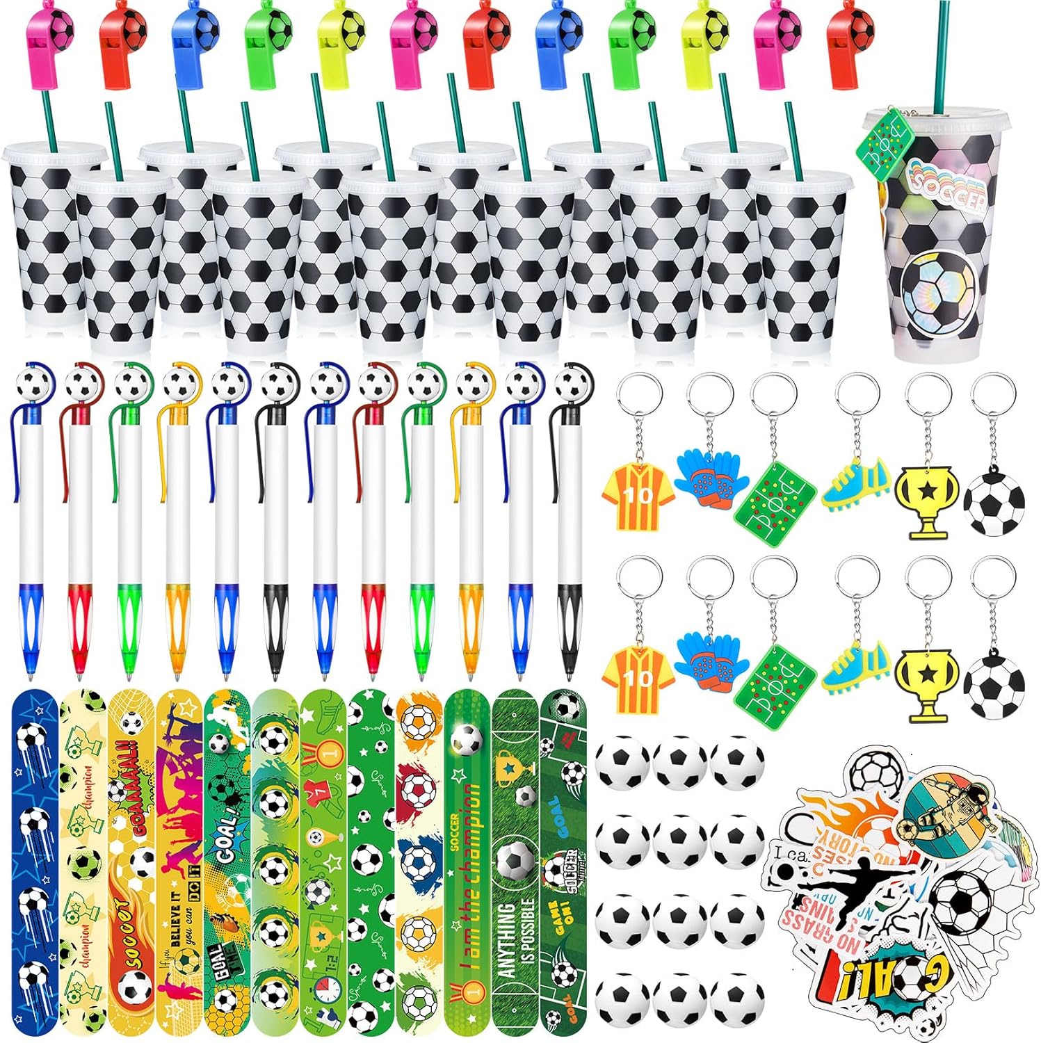 122 Pcs Soccer Party Favors Set Soccer Goodie Bags Stuffers Includes Cups with Straw Mini Stress Ball Keychains Slap Bracelets Whistles Stickers Pens for Soccer Birthday Party Supplies