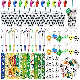 122 Pcs Soccer Party Favors Set Soccer Goodie Bags Stuffers Includes Cups with Straw Mini Stress Ball Keychains Slap Bracelets Whistles Stickers Pens for Soccer Birthday Party Supplies
