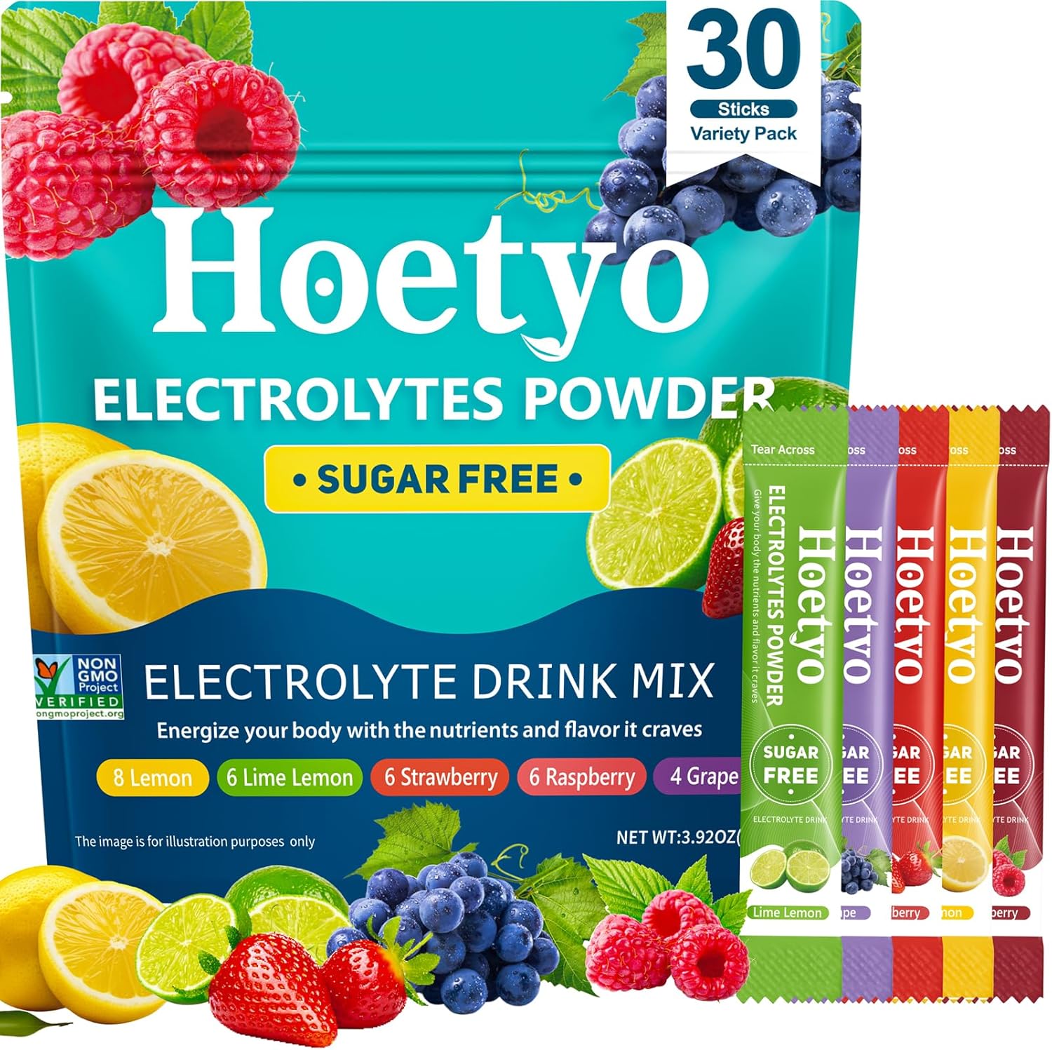 Electrolytes Powder Packets - Sugar Free Electrolyte Powder Drink Mix - 30 Sticks Daily Rapid Hydration Packets for Sports & Dehydration - Variety Pack, Keto Friendly, Vegan, Non-GMO, 5 Flavors