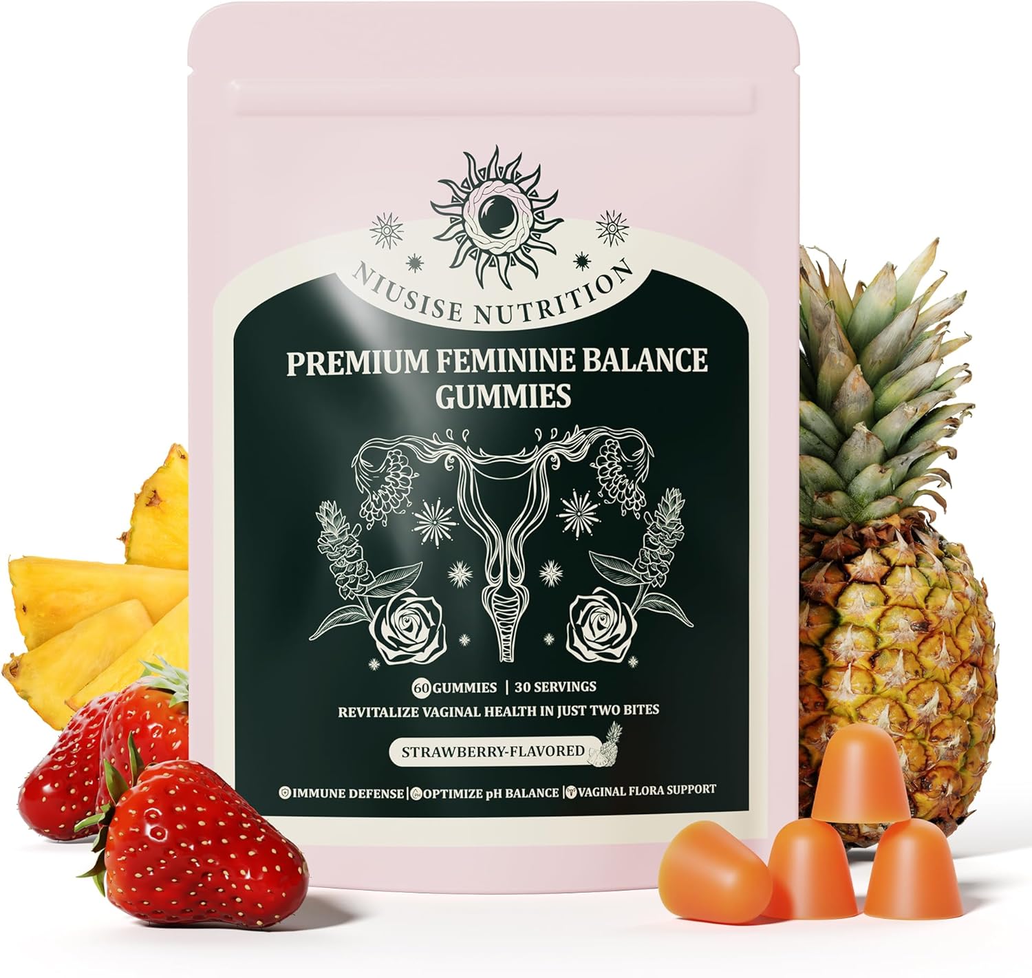 Feminine Balance Gummies, Premium Balance Supplement for Women PH Health, Immune Support, Vegan, Gluten-Free - Hawaiian Pineapple - 60 Gummies - 30 Servings 1 Pack