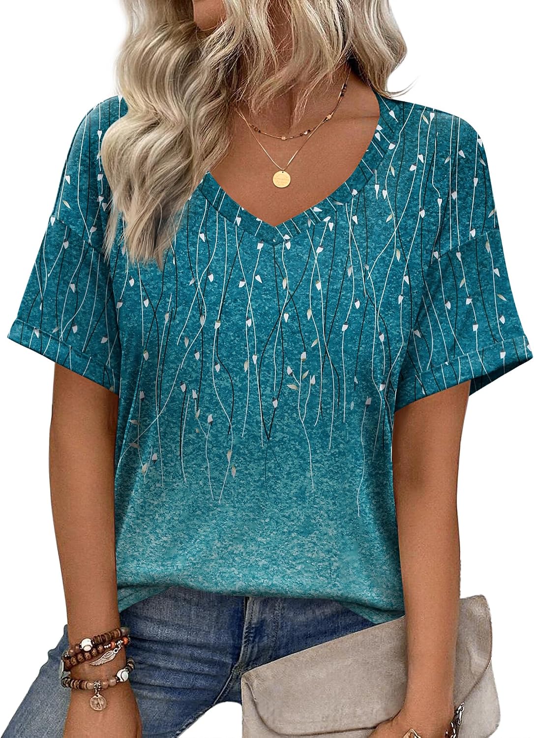 Zeagoo Women's T-Shirts V Neck Short Sleeve Tops Basic Tshirt Summer Casual Tee Shirts Loose Floral Blouse Top