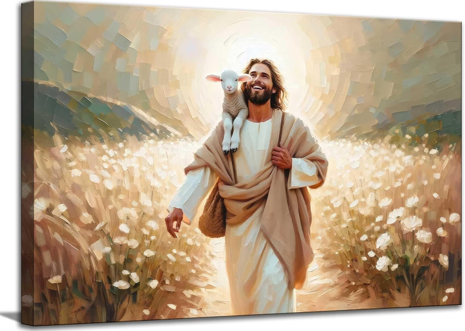 Jesus and Lamb Canvas Wall Art Jesus Saves the lost lamb Wall Decor Pictures Jesus Walking Among Flowers Painting Posters Prints for Dining Living Room Kitchen Wall Bedroom Decoration
