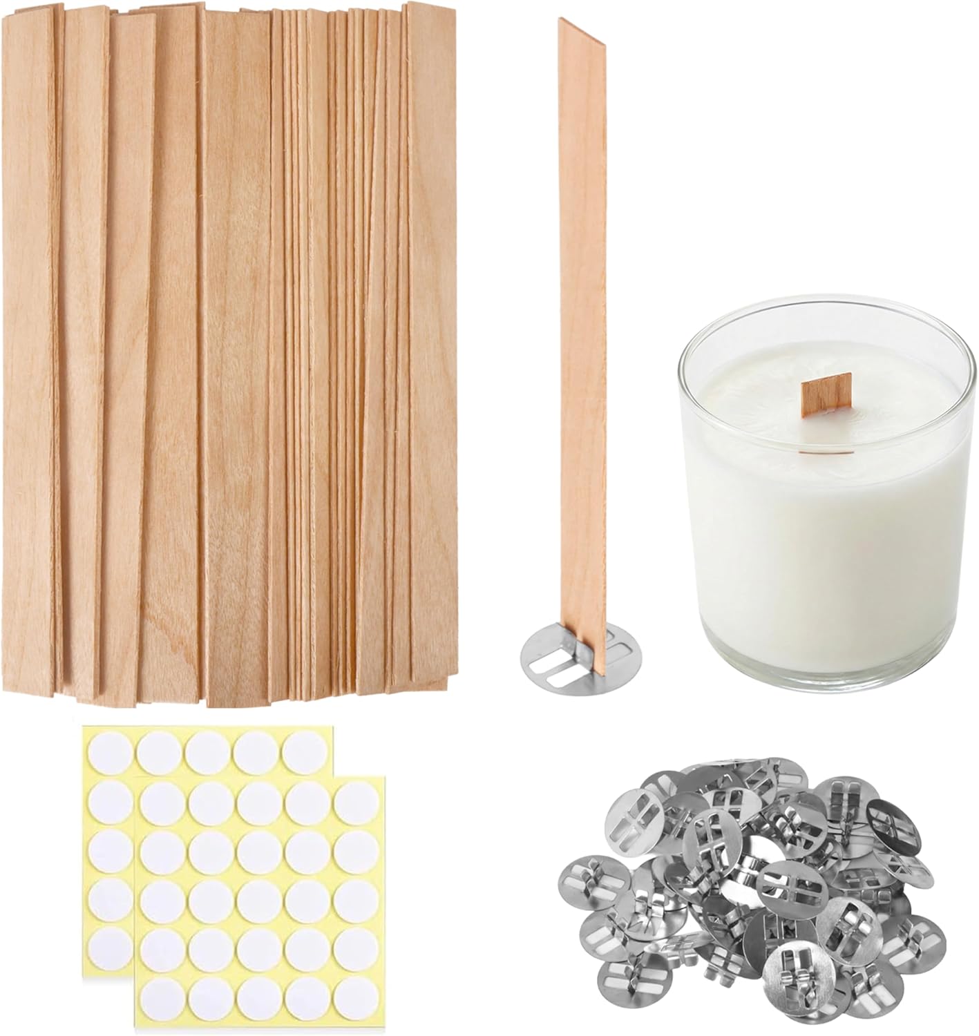 150 Pcs Thickned Wooden Candle Wicks. 5.1 X 0.5 X 0.06 Inch Upgrade Crackling Wooden Wicks, Long Lasting Smokeless Wood Wicks with Iron Standers, Wick Stickers, and Warning Labels- 50 Sets