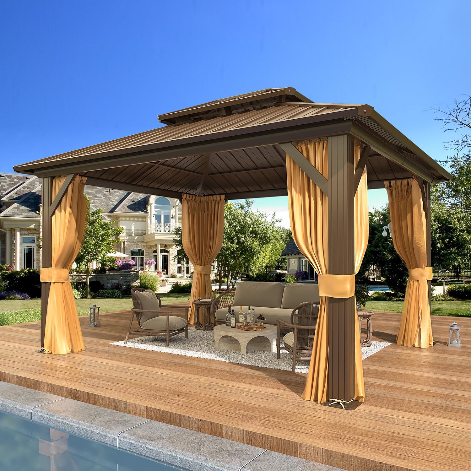 EROMMY 10' x 12' Hardtop Gazebo, Aluminum Frame Gazebos with Galvanized Steel Double Roof, Permanent Outdoor Metal Pavilion with Curtain and Netting for Patio, Lawn, Deck