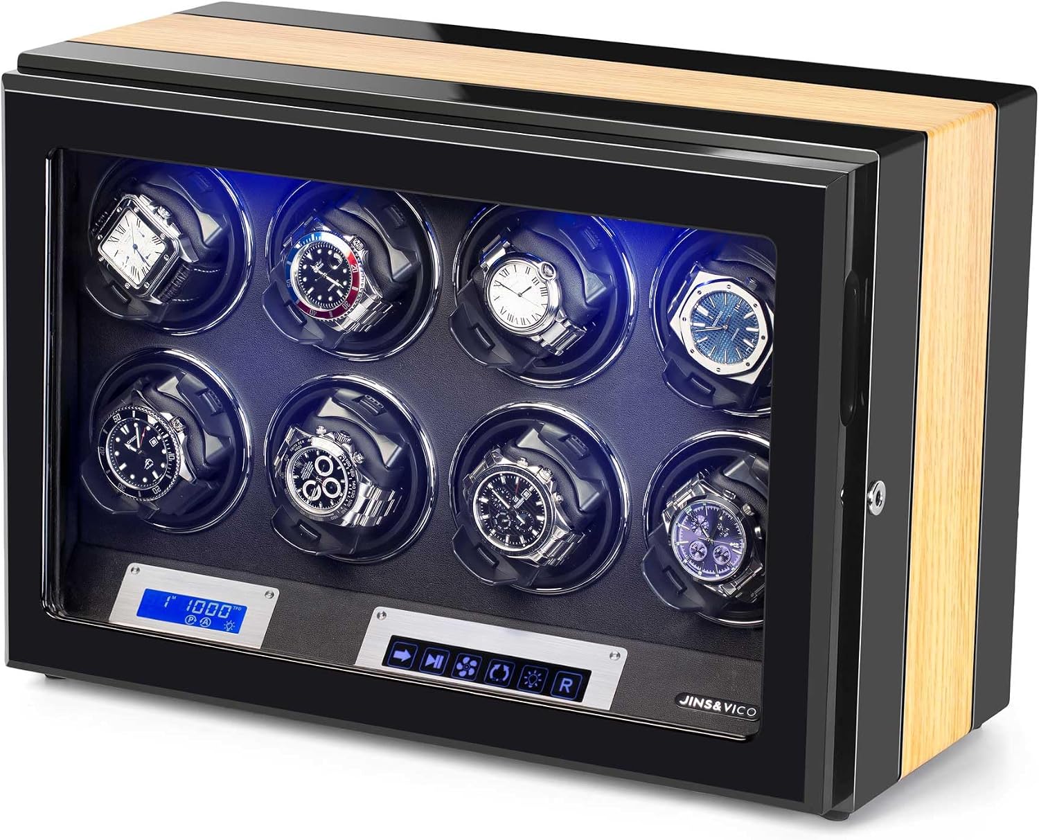 JINS&VICO 8-Watch Winder Box with LCD Display, Wood Finish