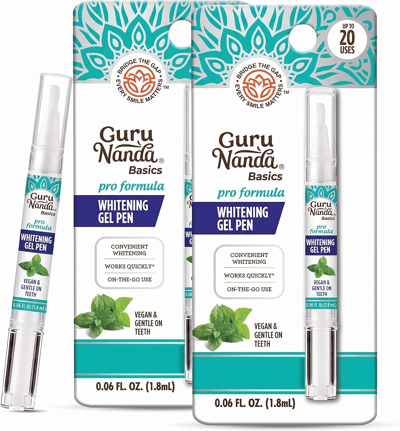 GuruNanda Teeth Whitening Pen,(0.06 fl oz)-20 Uses, Vegan & Gentle on Teeth Pro Formula - Hydrogen Peroxide Whitening Gel Pen, Cruelty-Free, Mint Flavor (Pack of 2)