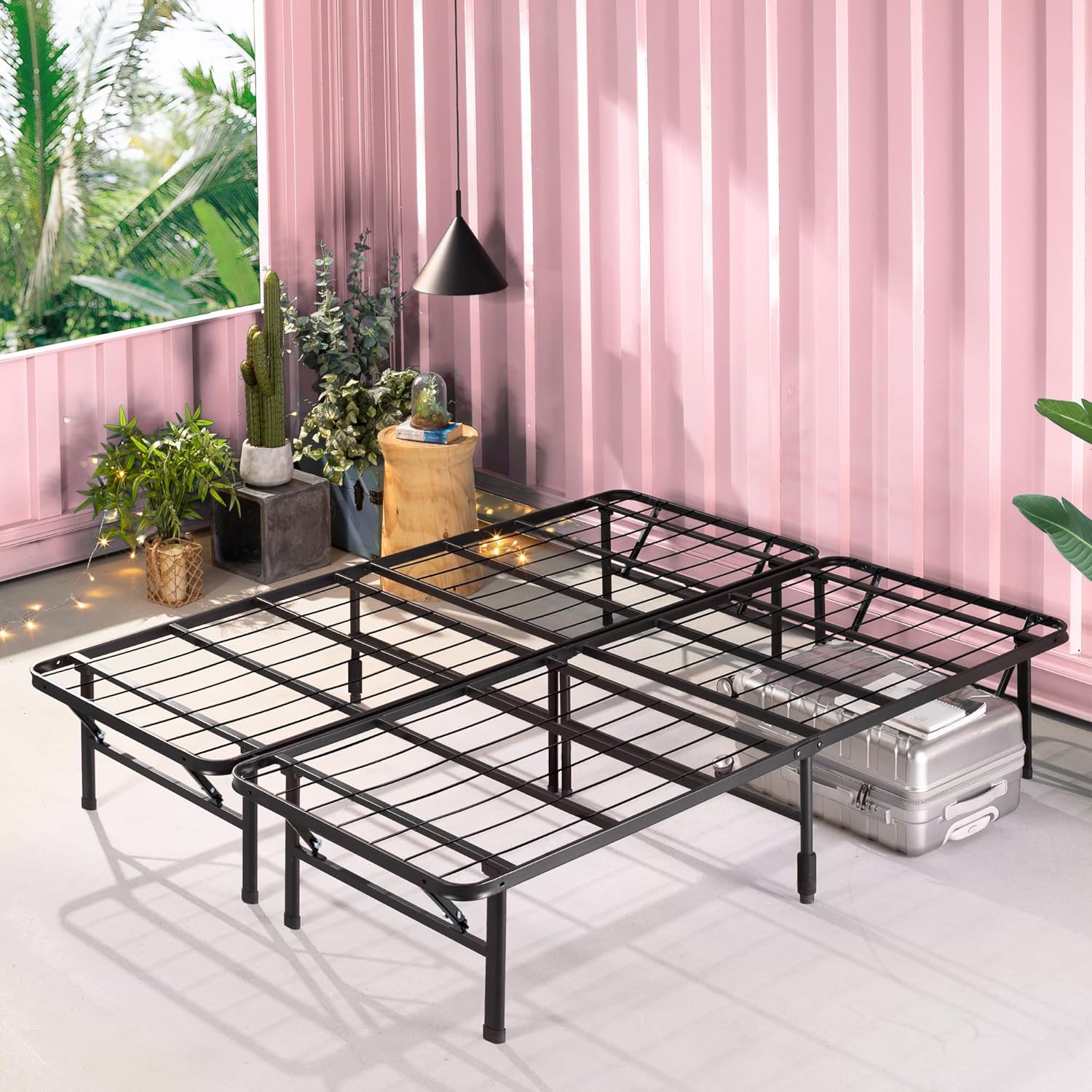 Zinus SmartBase King Size Bed frame - 5ft (150 x 200 cm) - 14'' Height - Folding Bed with Storage Space Underneath - Great for Guest - Zero Assembly - Black