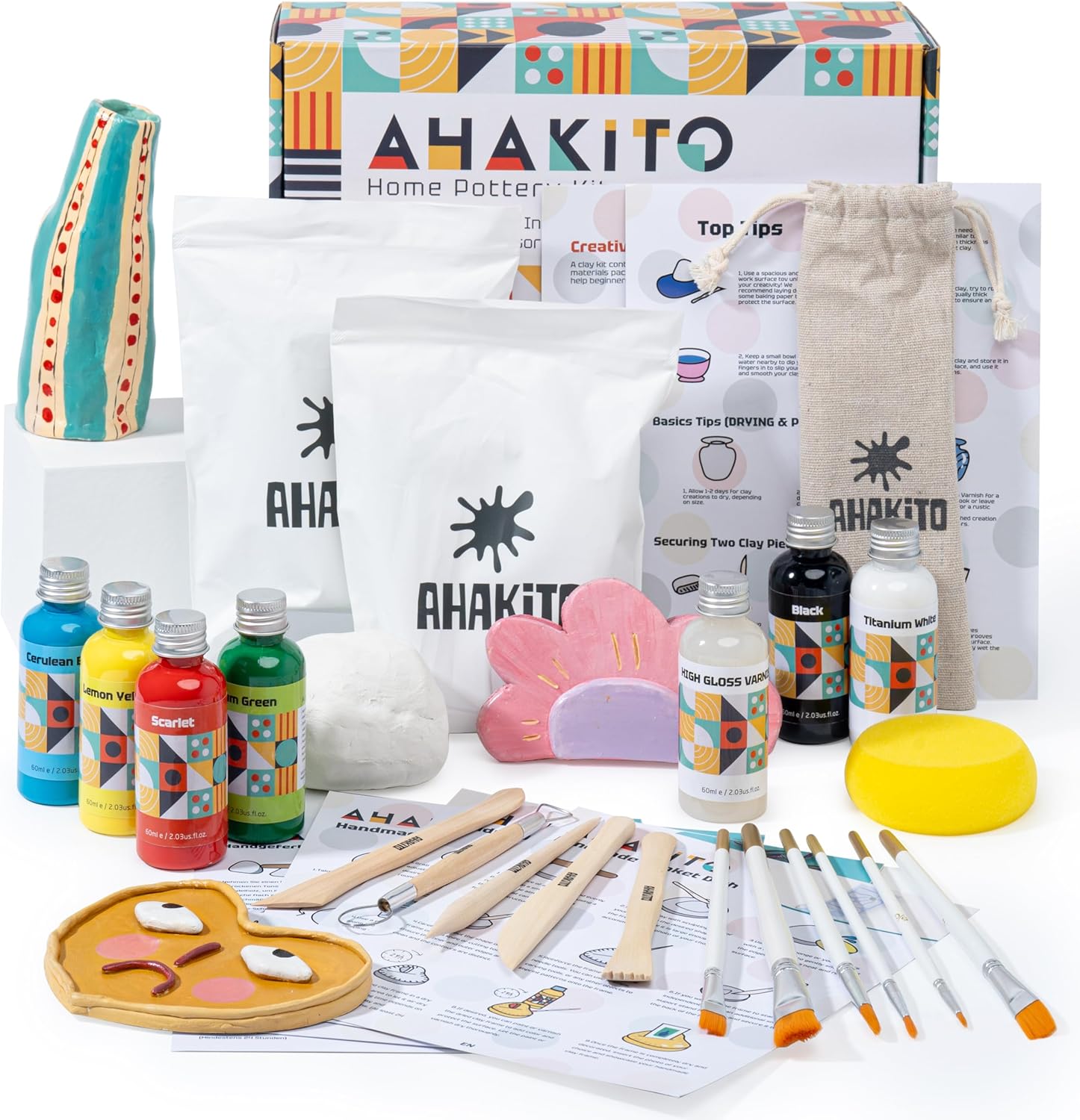 Ahakito Air Dry Clay Kit for Adults - Includes Air Clay, Sculpting Tools, Paint, Brushes, Gloss Varnish & Step-by-Step Guide