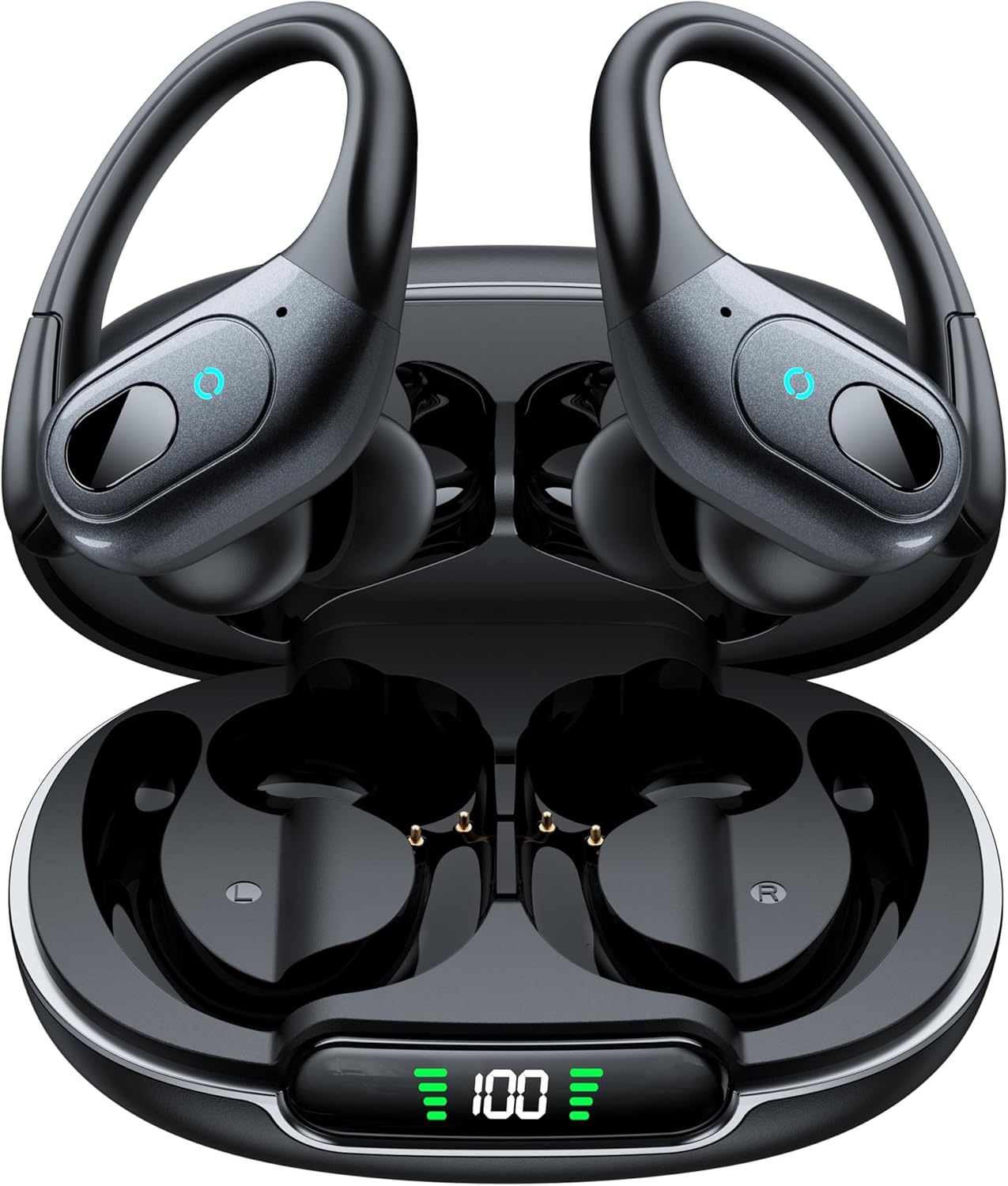 occiam Active Noise Cancelling Earbuds Wireless Bluetooth Headphones Ear Buds 90Hrs Playback Stereo Bass Earphones with Mic Over-Ear Hooks IPX7 Waterproof Headset for Work Sports Running Gym Black