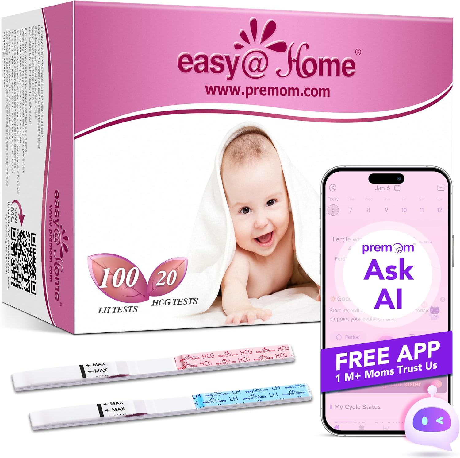 Easy@Home 100 x Ovulation Test Strips and 20 x Pregnancy Test Strips - Fertility Test Kit, Powered by Premom Ovulation Predictor iOS and Android App (100 LH + 20 HCG)