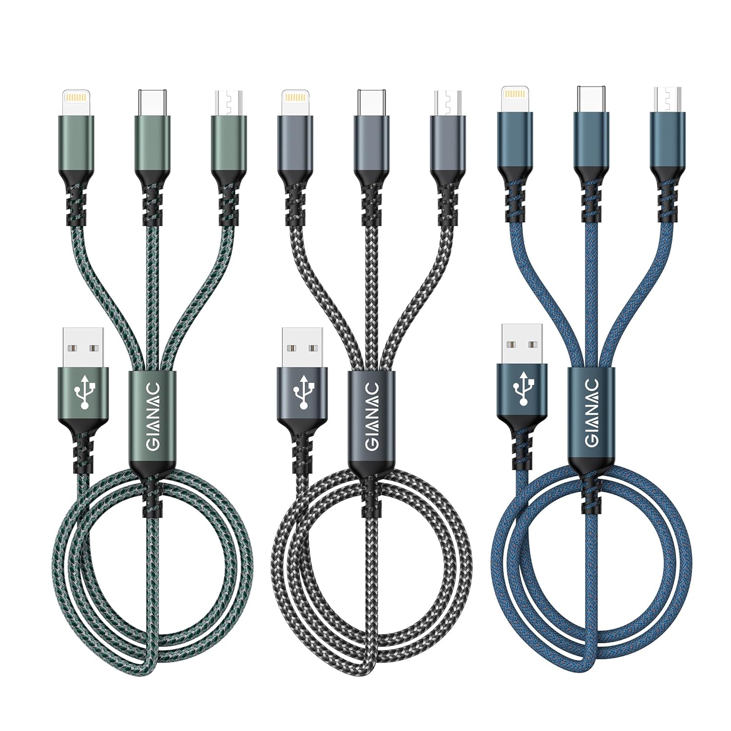 Multi Charger Cable [3Pack 1.2M] 3 in 1 Nylon Braided with Micro USB Type C Lightning Connector for iPhone, Android, Samsung, Huawei, Nexus, Nokia, LG, Sony
