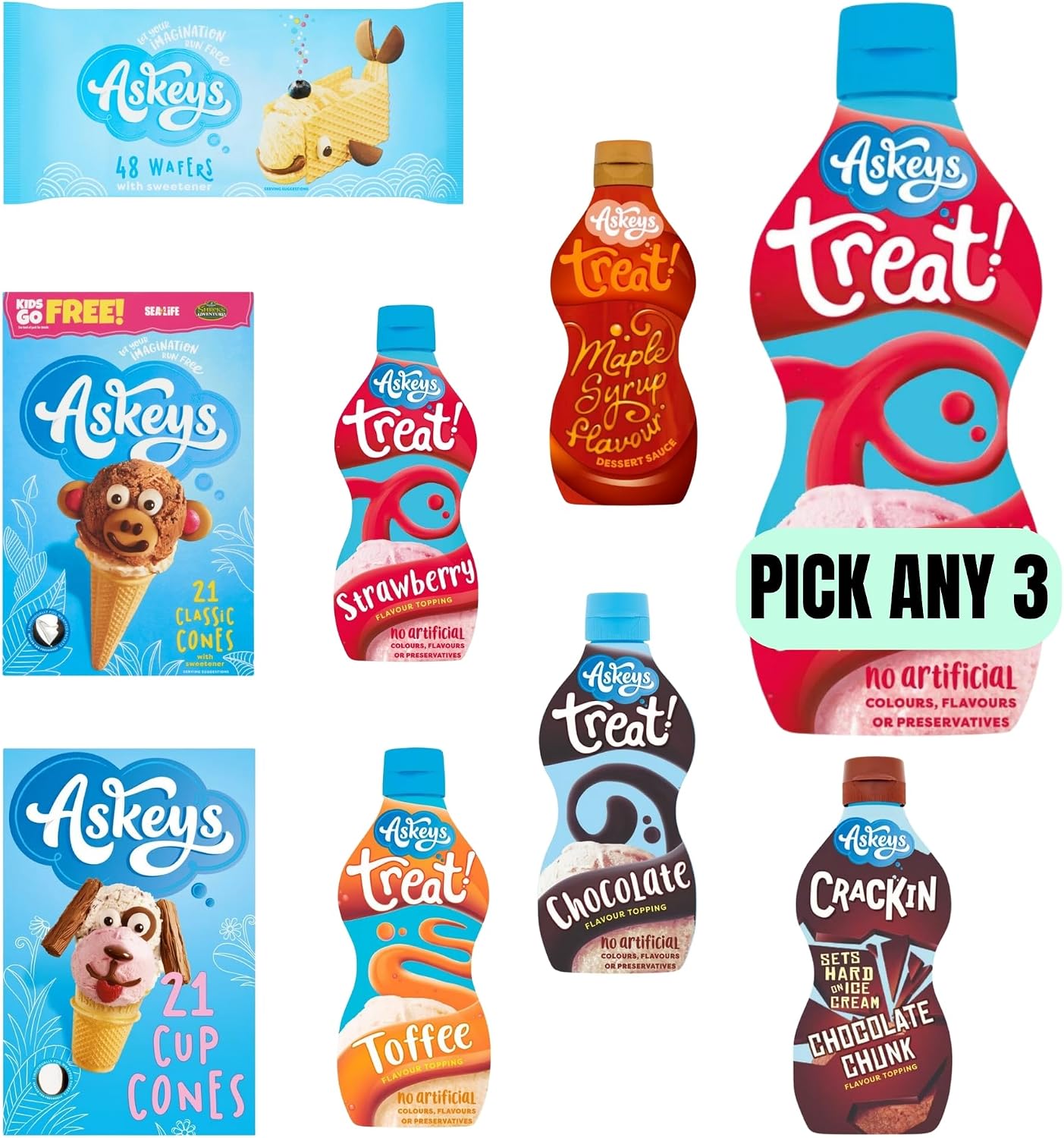 Pick Any 3 Askeys Dessert and Ice Cream Toppings and Cones Pick and Mix