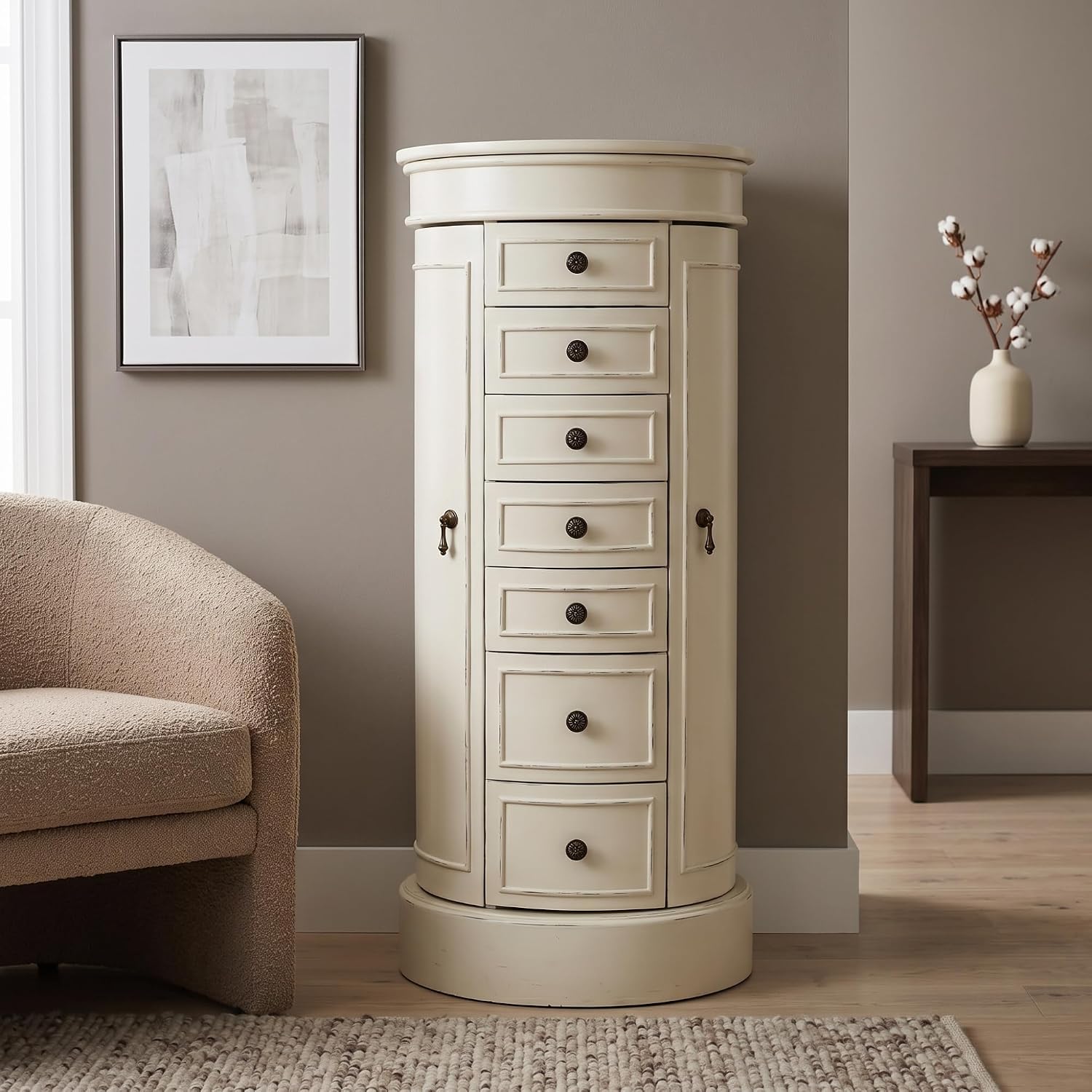 Hives and Honey Blair Oval Standing Jewelry Armoire, Organizer with Mirror Lid, Side Doors, 7 Drawers, Jewelry Box for Necklaces, Earrings, Bracelets, Ivory