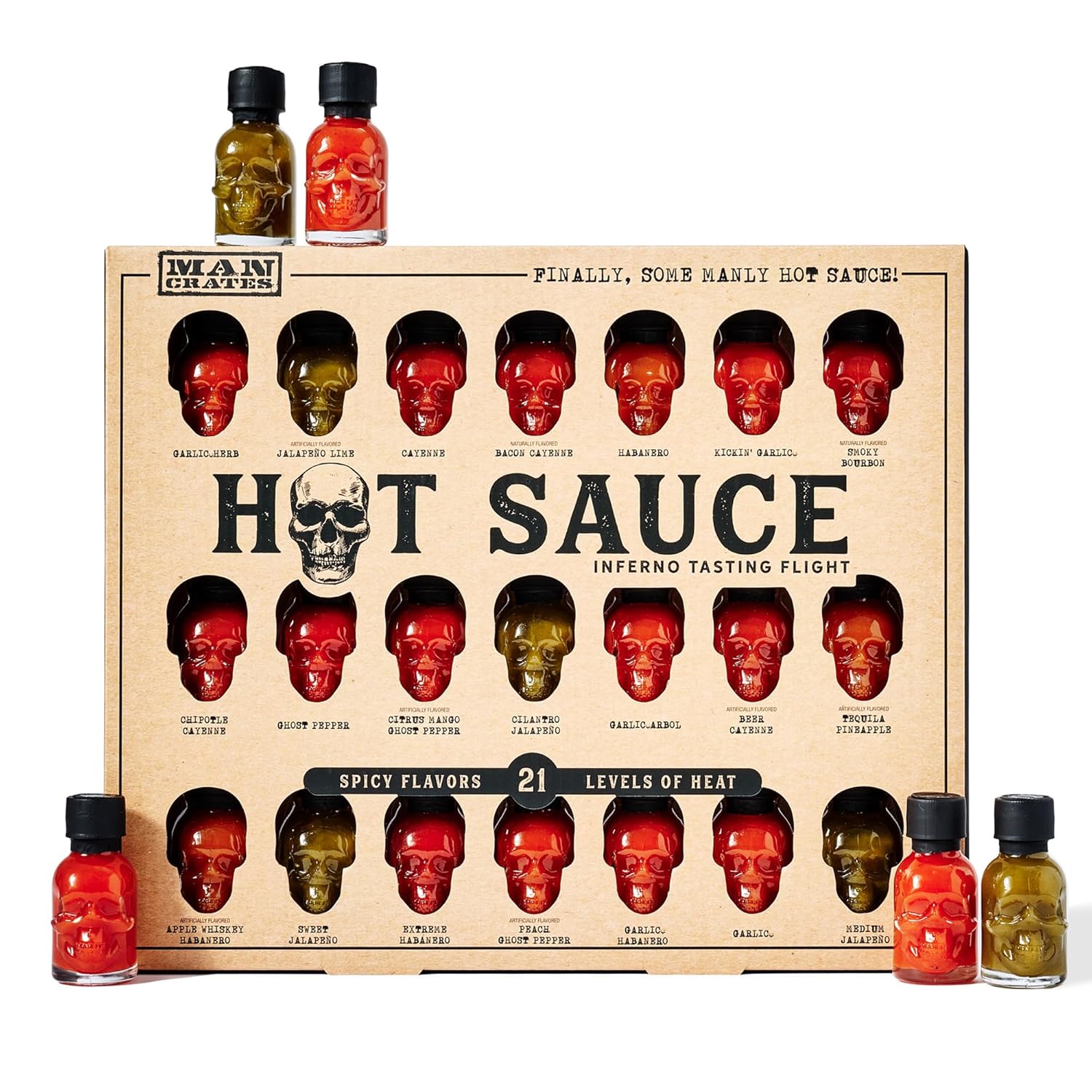 Man Crates, Hot Sauce Inferno Flight, Includes 21 Flavors in Skull-Shaped Mini Hot Sauce Bottles, Spicy Challenge with Habanero, Ghost Pepper & More