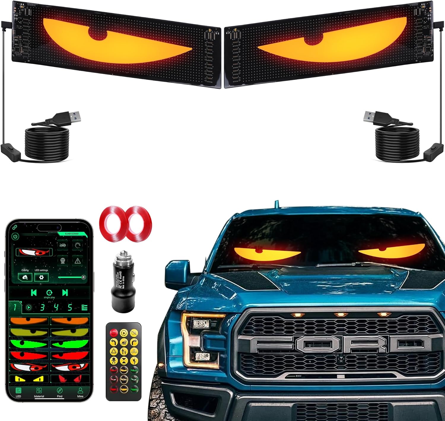 Devil's Eye 2-Pack: 19.3"x4.3" Dual LED Eyes – Perfect Sync Windshield Display for Cars, SUVs & Trucks | Programmable USB Matrix, App/Remote Control, Custom Car Sign