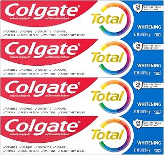 Colgate Total Whitening Toothpaste Gel, 10 Benefits, No Trade-Offs, Freshens Breath, Whitens Teeth and Provides Sensitivity Relief, Mint Flavor, 4 Pack, 5.1 Oz Tubes