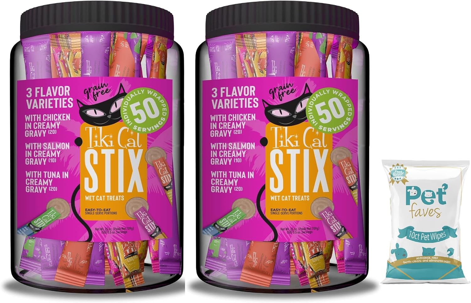 (2 Jar) Tiki Cat Stix Mousse Treats, Variety Mega Jar, Single Serve Indulgent Lickable Treat or Dry Food Topper, 50 Count, 25 oz. (0.5 oz./Stick)
