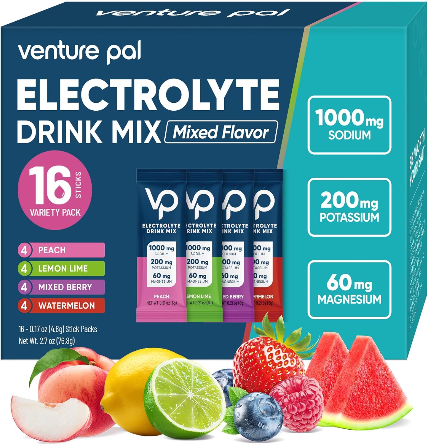 Venture Pal High Sodium Sugar-Free Electrolyte Powder Packets - Hydration Packets with Sodium, Potassium & Magnesium | Zero Calories | Vegan, Keto, and Paleo Friendly | 16 Sticks
