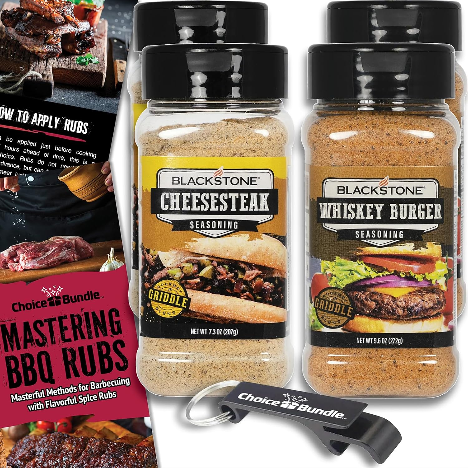 Blackstone Cheesesteak & Whiskey Burger Seasoning – Gourmet Griddle Premium BBQ Barbecue Rub 4 Pk Choice Bundle (33.8 oz) + BBQ Guide & Bottle Opener (6 Items)!