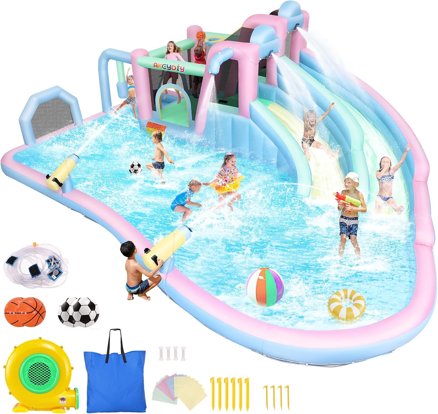 AKEYDIY Inflatable Bounce House Double Slides for Kids, Giant Bounce Castle 21.3FT x14.7FT with Pool, Multiple Game Areas and 950w Blower, for Party Holiday Outdoor Indoor (Dual Slide - Macaron)