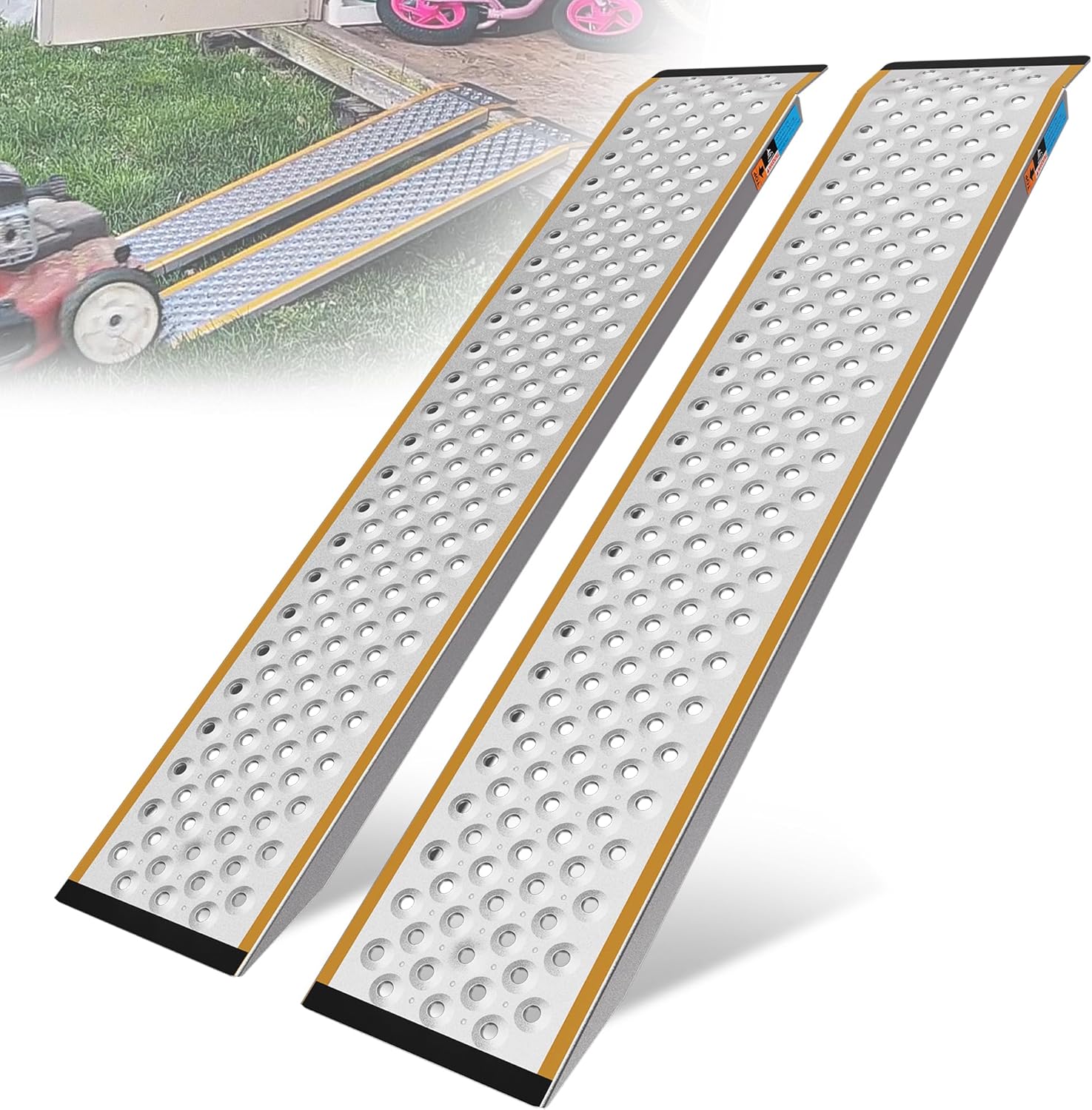 Aluminum Shed Ramp 2PC, 4' Long 8" Wide Loading Ramp for Riding Mower, 880 lbs Capacity for Lawn Mower, ATV, Motorcycle, Lightweight Sturdy Anti-Slip Ramps with Punch Plate Surface