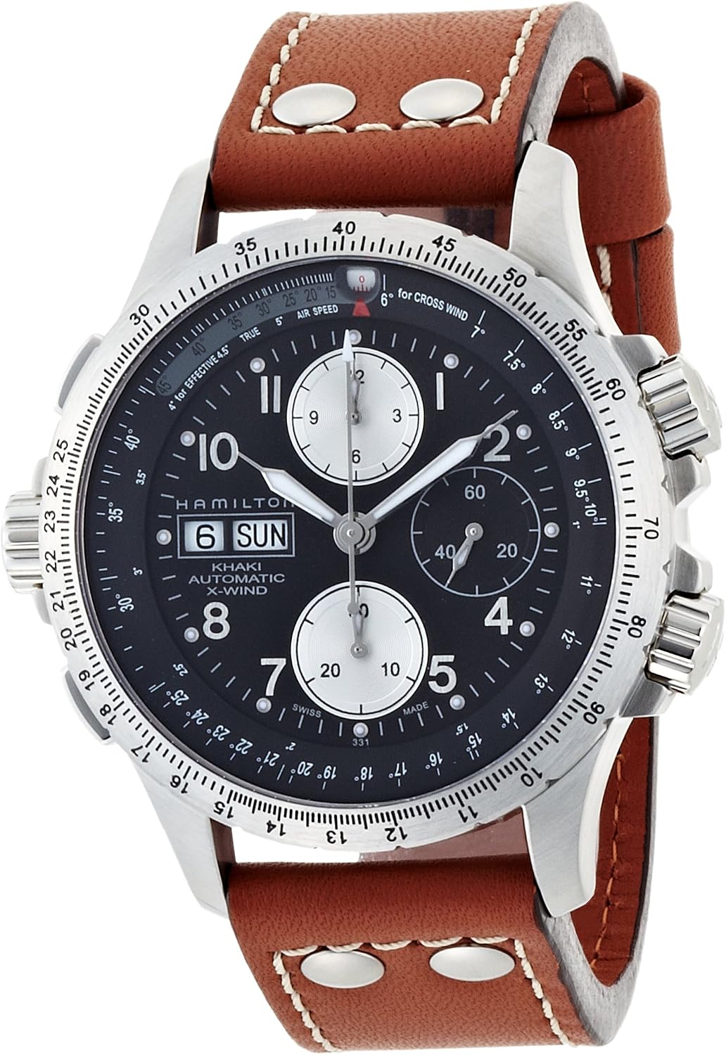 Hamilton Watch Khaki Aviation X-Wind Auto Chrono | Swiss Made | 44mm Stainless Steel Case | Black Dial Analog Watch | Brown Leather Strap (Model: H77616533)