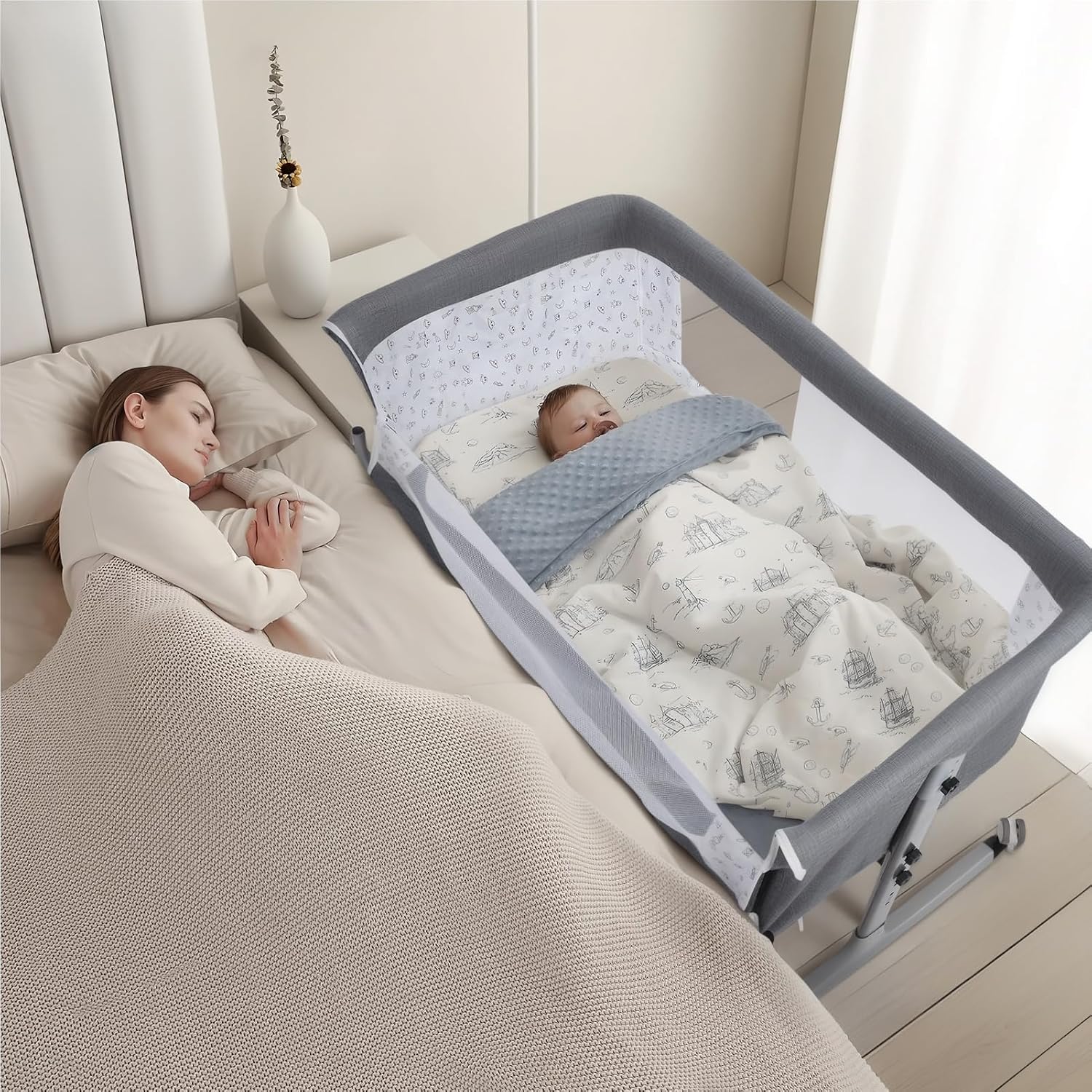 joukares Baby Bassinet with Rocking Base, Wheeled Baby Cradle with Mosquito Net, Adjustable Height Bedside Crib, Lightweight and Portable baby cribs for newborn 0-3years with Storage 1 Set