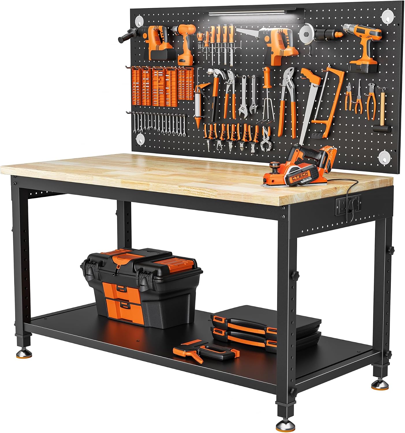 122x60 cm Heavy Duty Work Bench with Pegboard | 2000 LBS Load Capacity, Rubberwood Work Table, LED Light, Built-in Power Strip, 10 Adjustable Heights